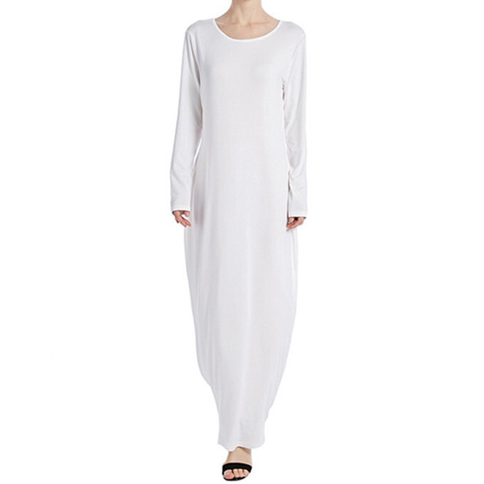 Women Muslim Arab Solid Color Interior Dress Robe Elasticity Long Sleeves Abaya