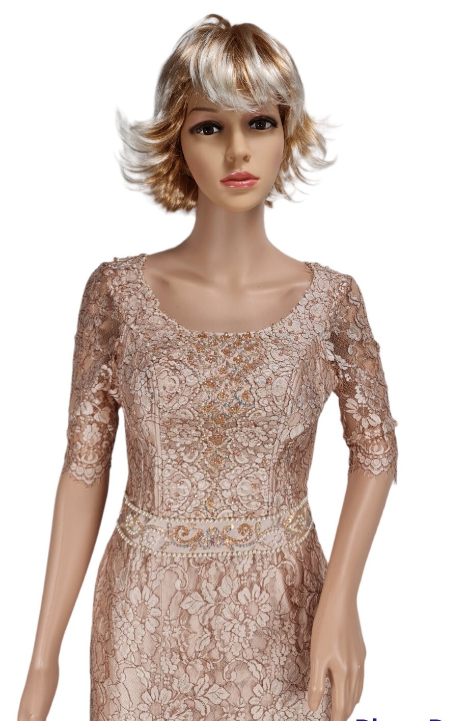 Cambodia Maxi Dress Beige Floral Lace 3/4 Sleeve Crew Neck Women Size S