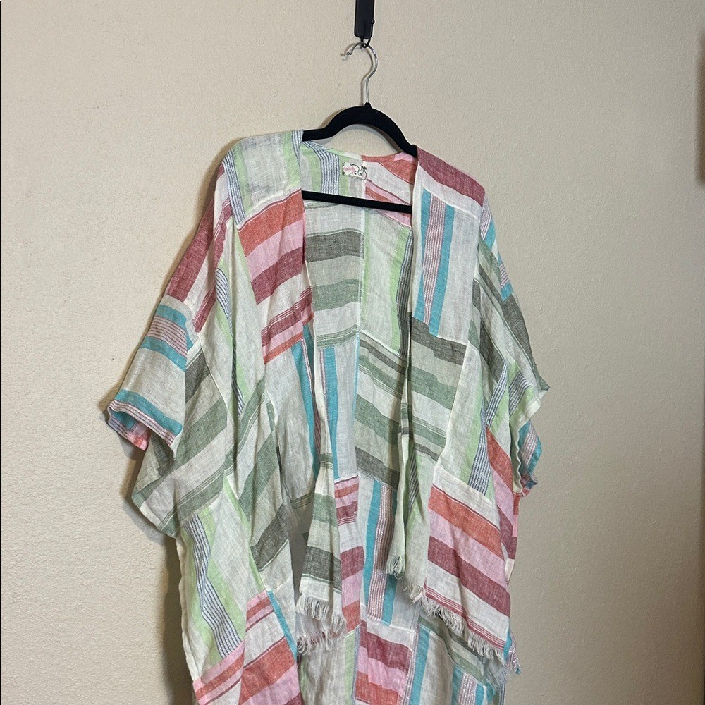 Free People Patchwork Sail Away 100% Linen Kimono One Size