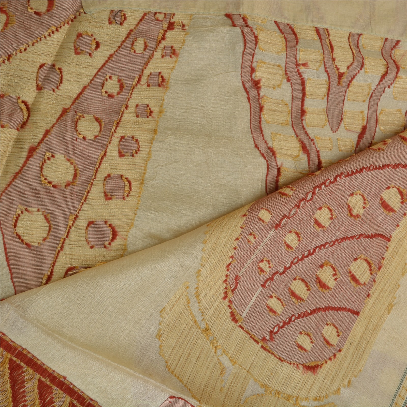 Sanskriti Vintage Ivory Indian Sarees Blend Silk Woven Sari Craft 5 Yard Fabric