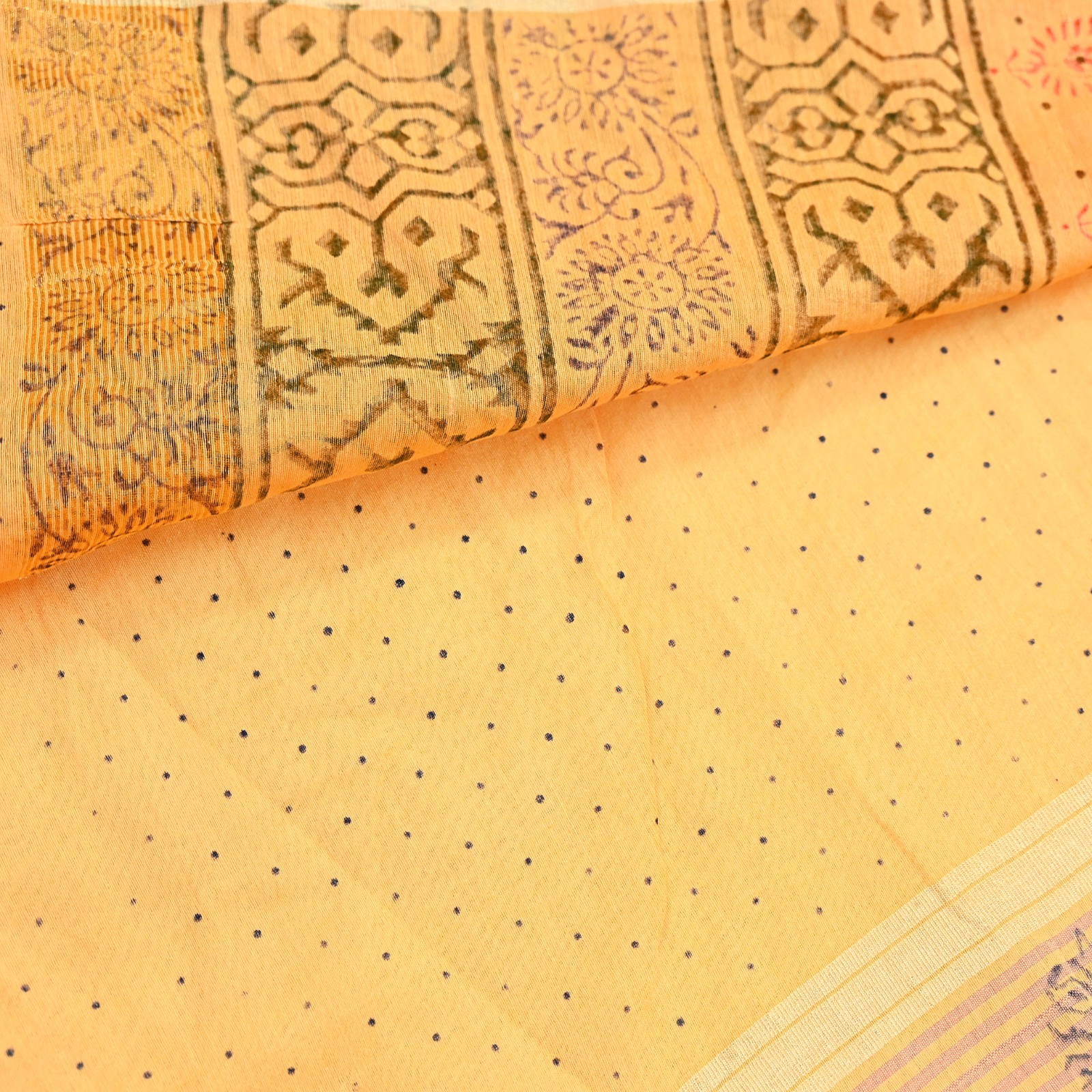 Indian Vintage Yellow Block Printed Pure Chanderi Silk Saree Floral Zari Fabric