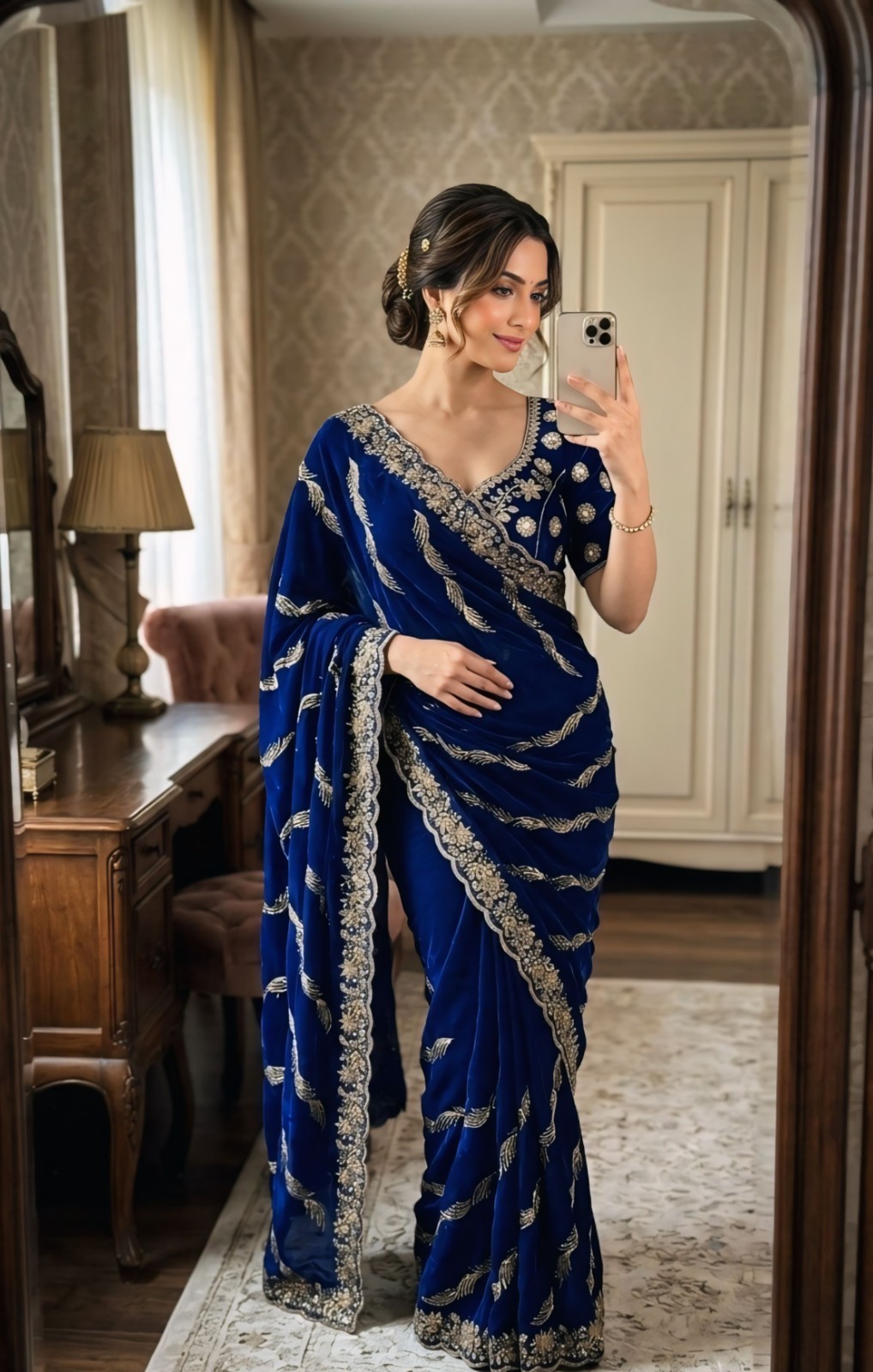 Royal Blue Silk Saree Heavy Embroidery Bollywood Party Wear Sari Women Designer