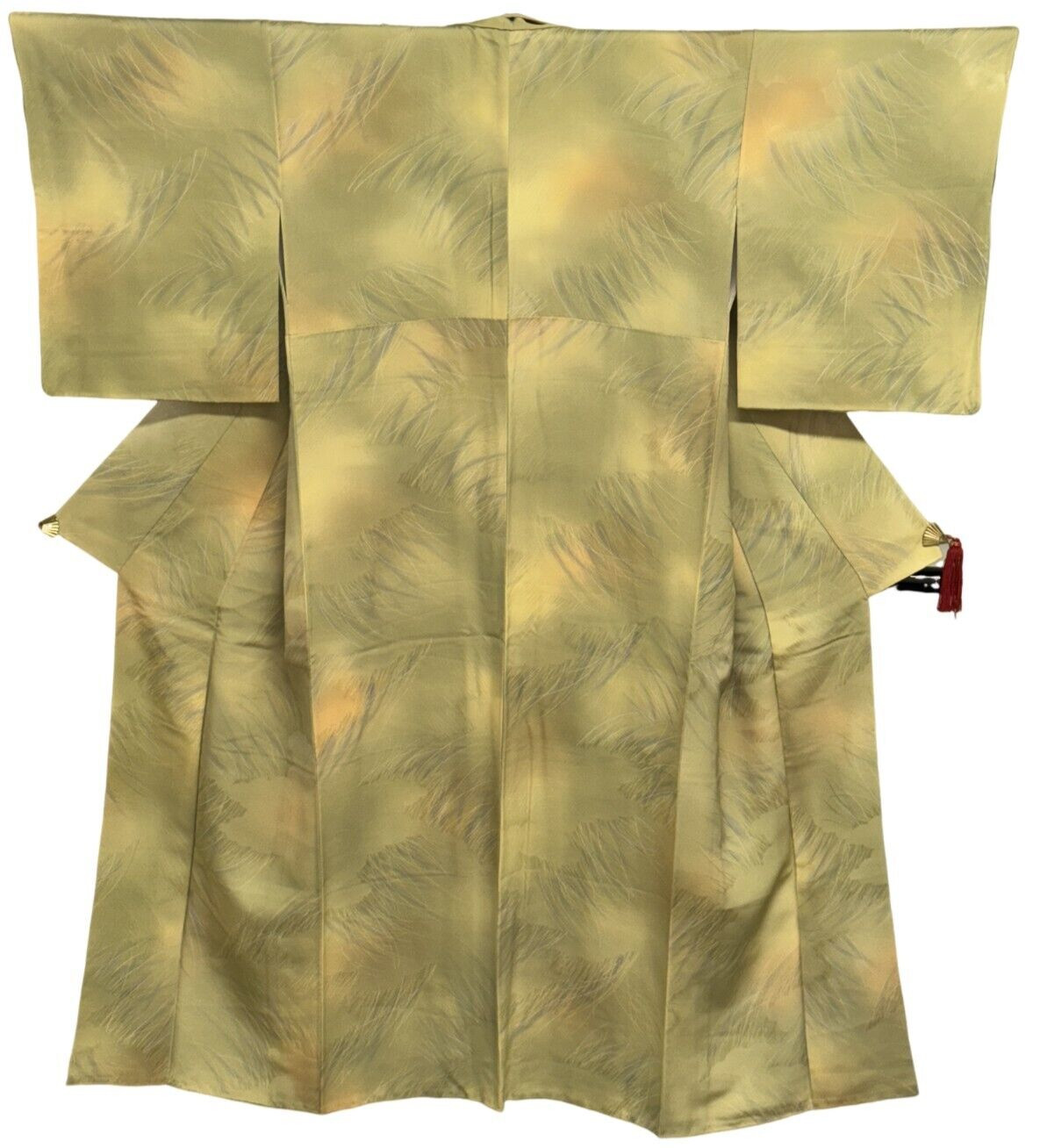 Japanese Vintage Kimono Silk beige yellow green Expensive Tradition Heigh 61in