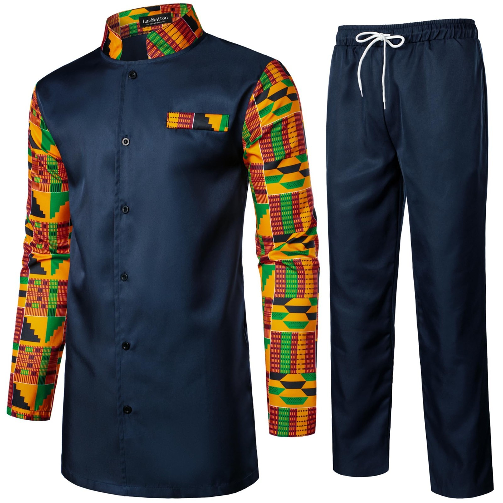 Men’s 2 Piece Long Sleeve Dashiki Outfit Set – Traditional Ethnic Shirt & Pants