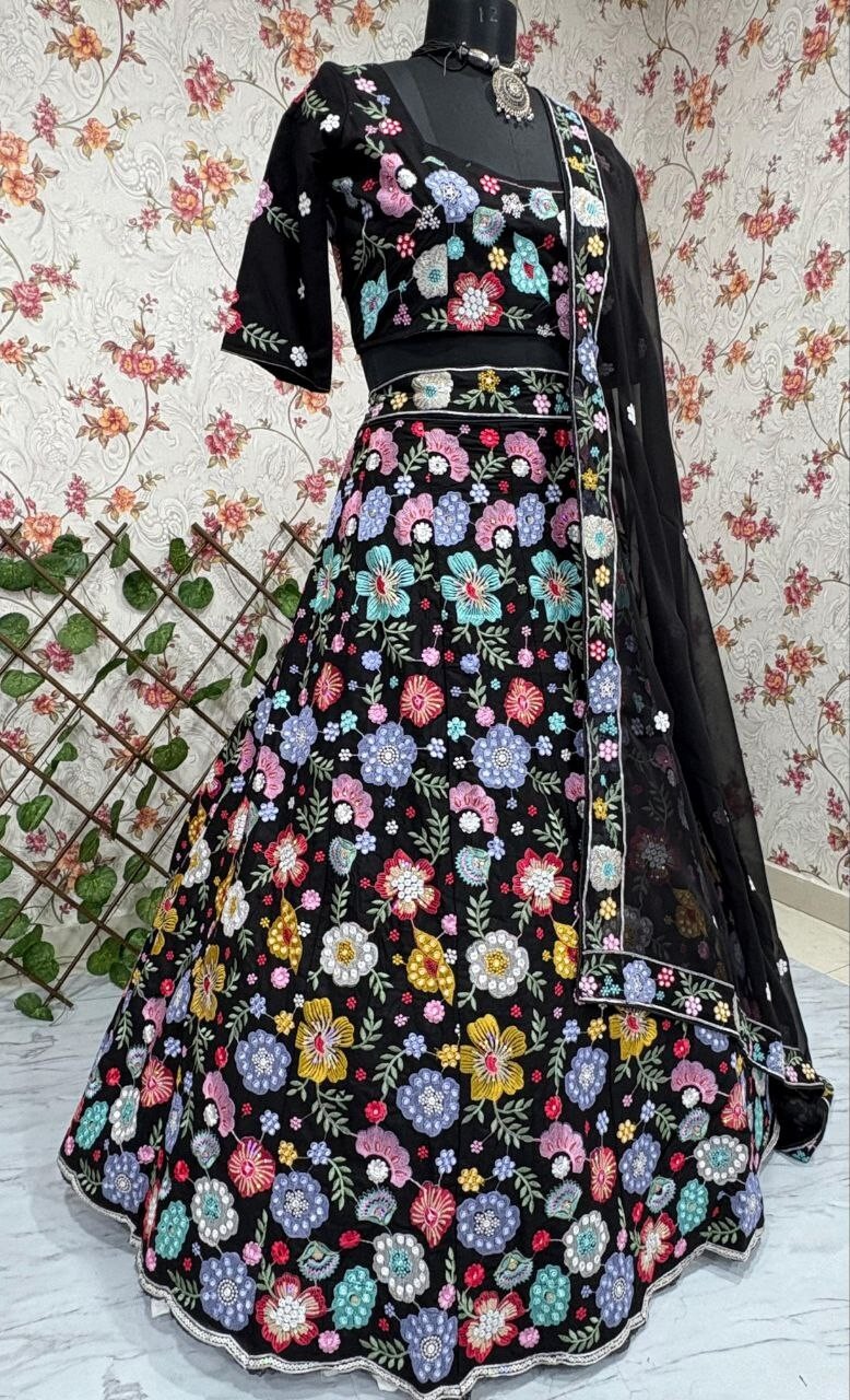 Black Georgette Embrodaried Flower lahenga choli