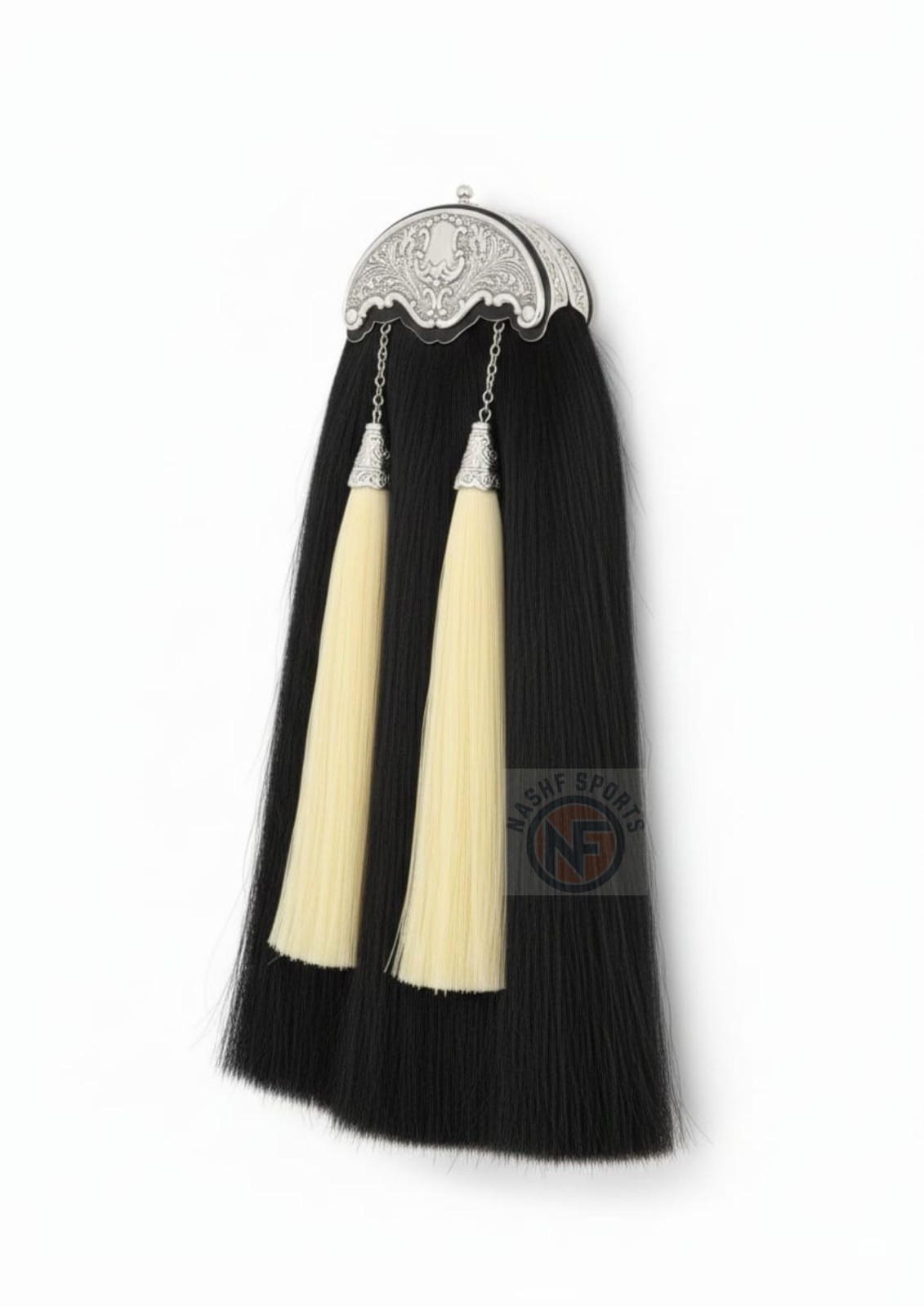 Black Synthetic Horsehair Sporran with Chrome Thistle Cantle & Cream Tassels