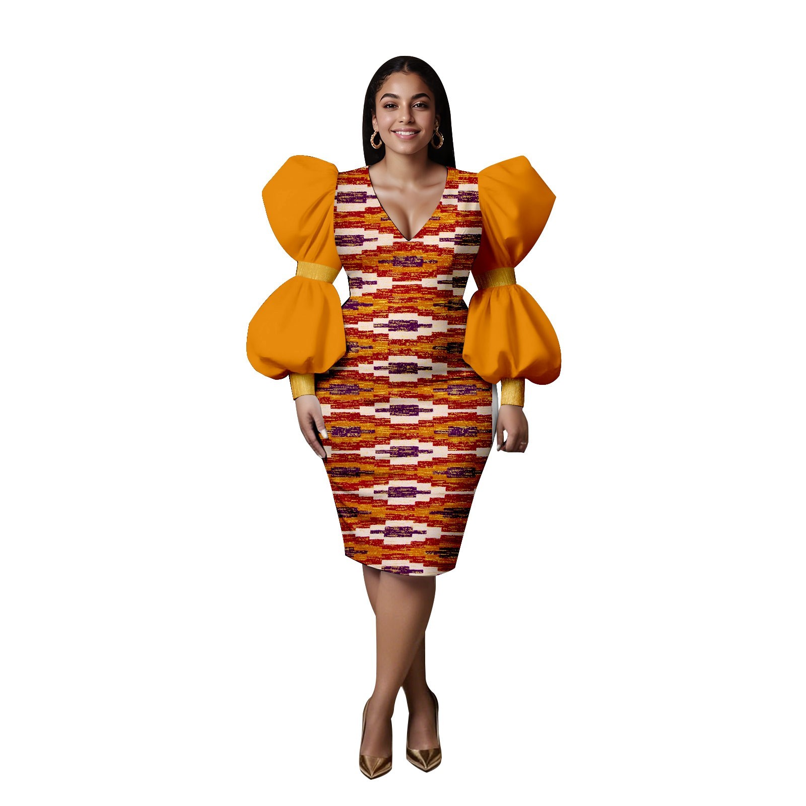 African Women’s Ankara Printed V-Neck Puff Sleeve Knee-Length Dress Patchwork
