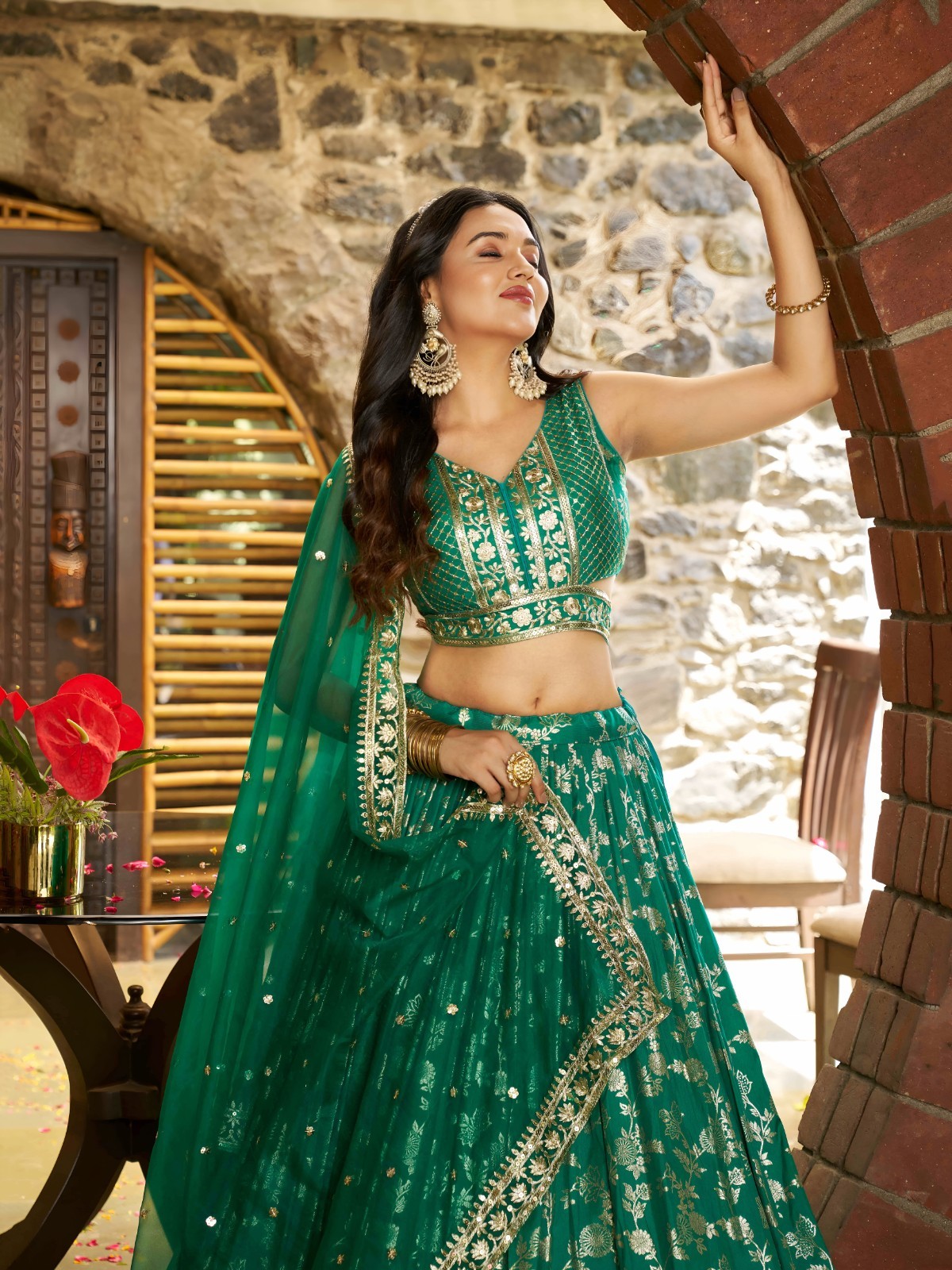 New Rama Green Dola Silk Jacquard Lehenga Choli And Dupatta For Indian Reception