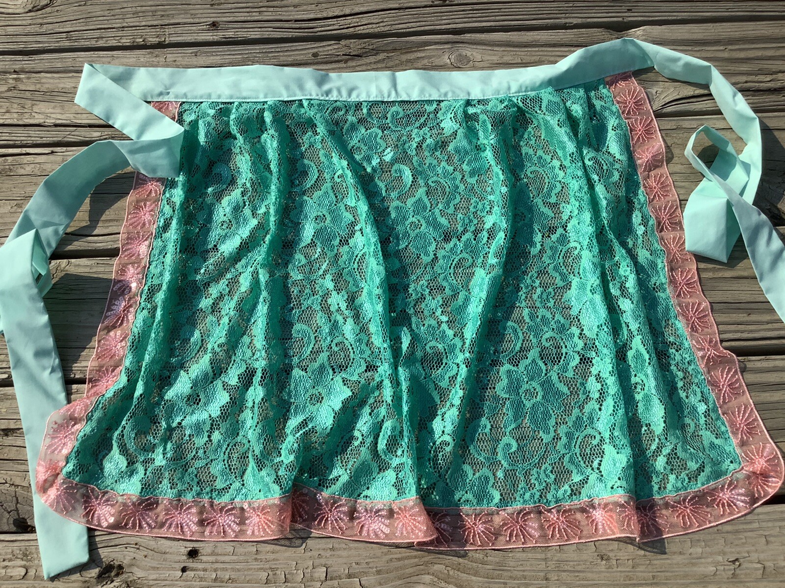 Aqua Green LACE APRON for Dirndl German Hostess EX Long Ties Oktoberfest Plus Sz