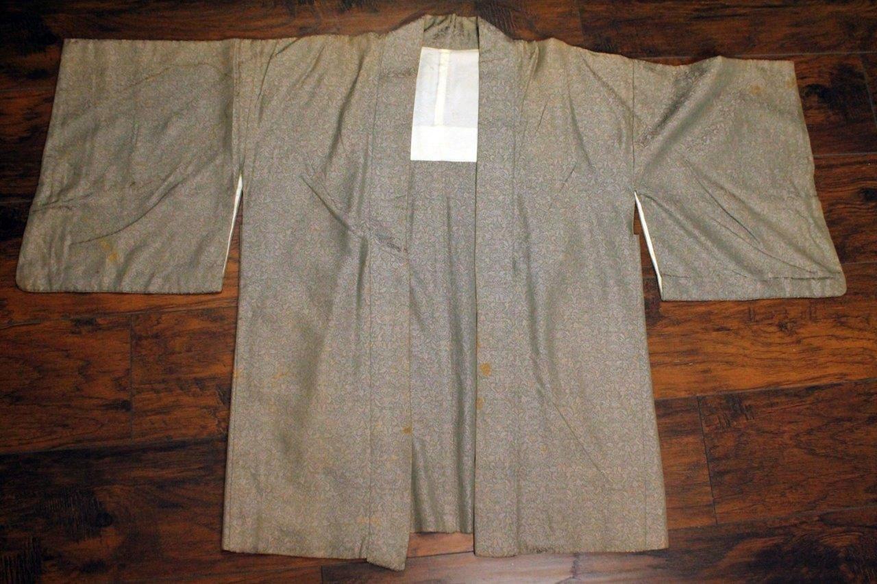 Vintage 50s Gray-Beige Brocade Dress Coat Yukata Kimono Japanese Robe Jacket