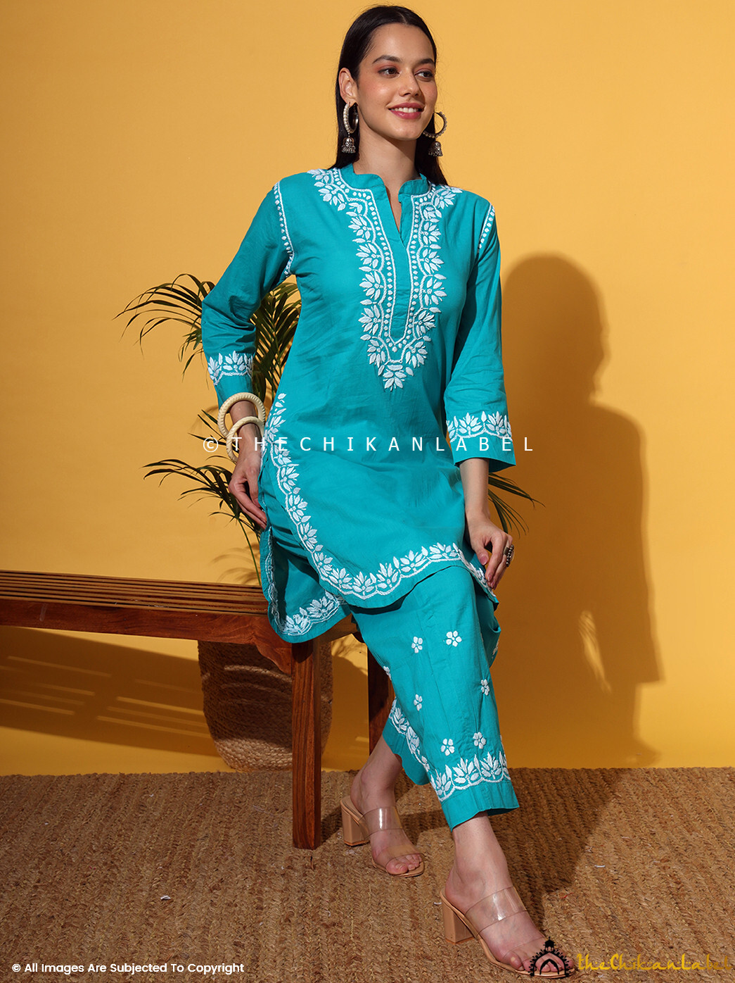 Sea Green Organic Cotton Chikankari Kurta Set Lucknow Chikan Handmade Cord Set