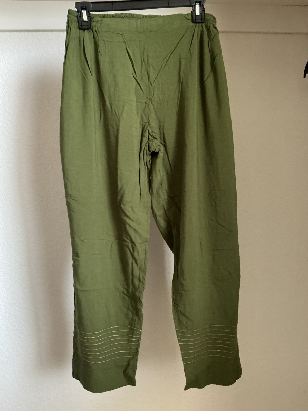Indian Pakistan Women Loose Cotton Pants Salwar Hand Sewing Olive Green