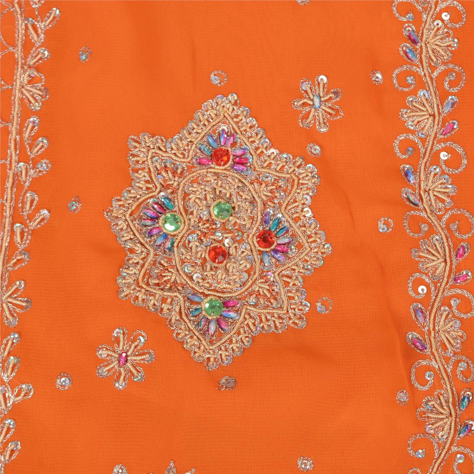 Sanskriti Vintage Orange Saree Pure Georgette Silk Hand Beaded Fabric Sari
