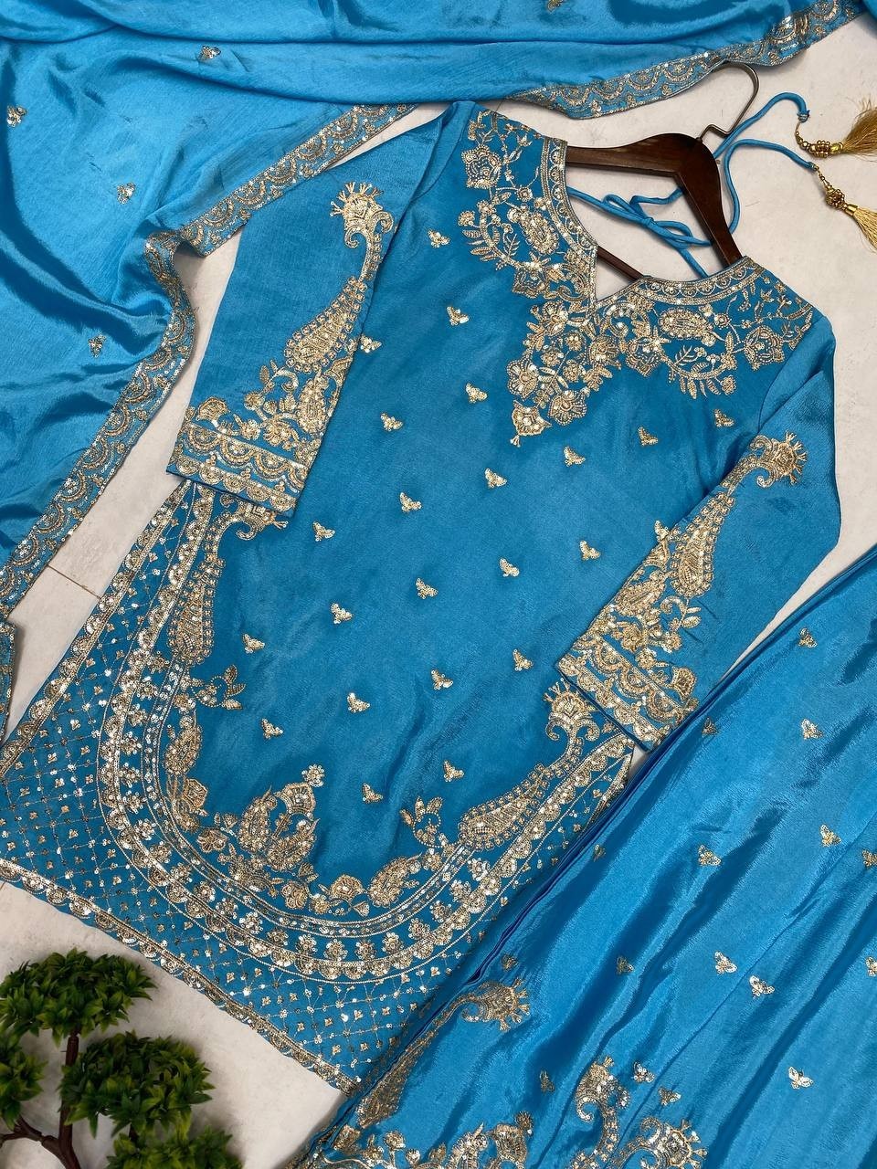 Beautiful Chinon Silk Sky Blue Top Palazzo With Dupatta For Party Wear