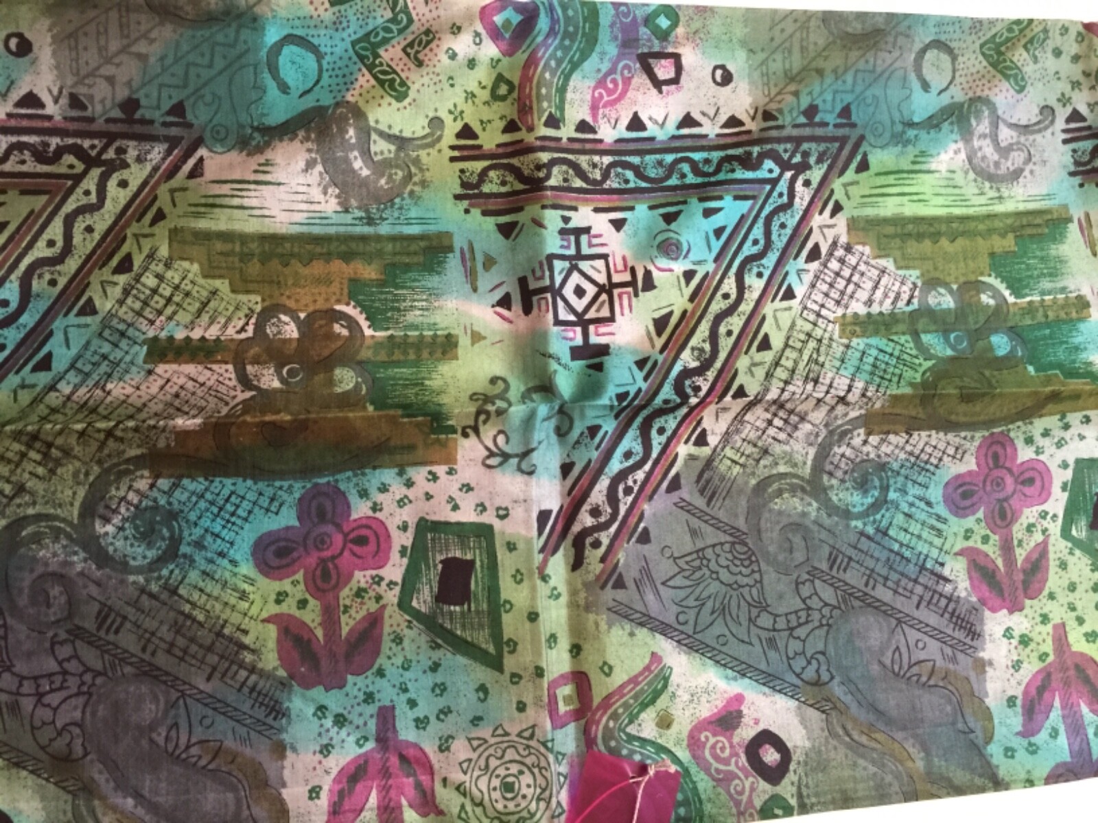 NWT 100% Pure Silk Green Abstract Print Saree Sari w Gold Zari Sequin Crop Top