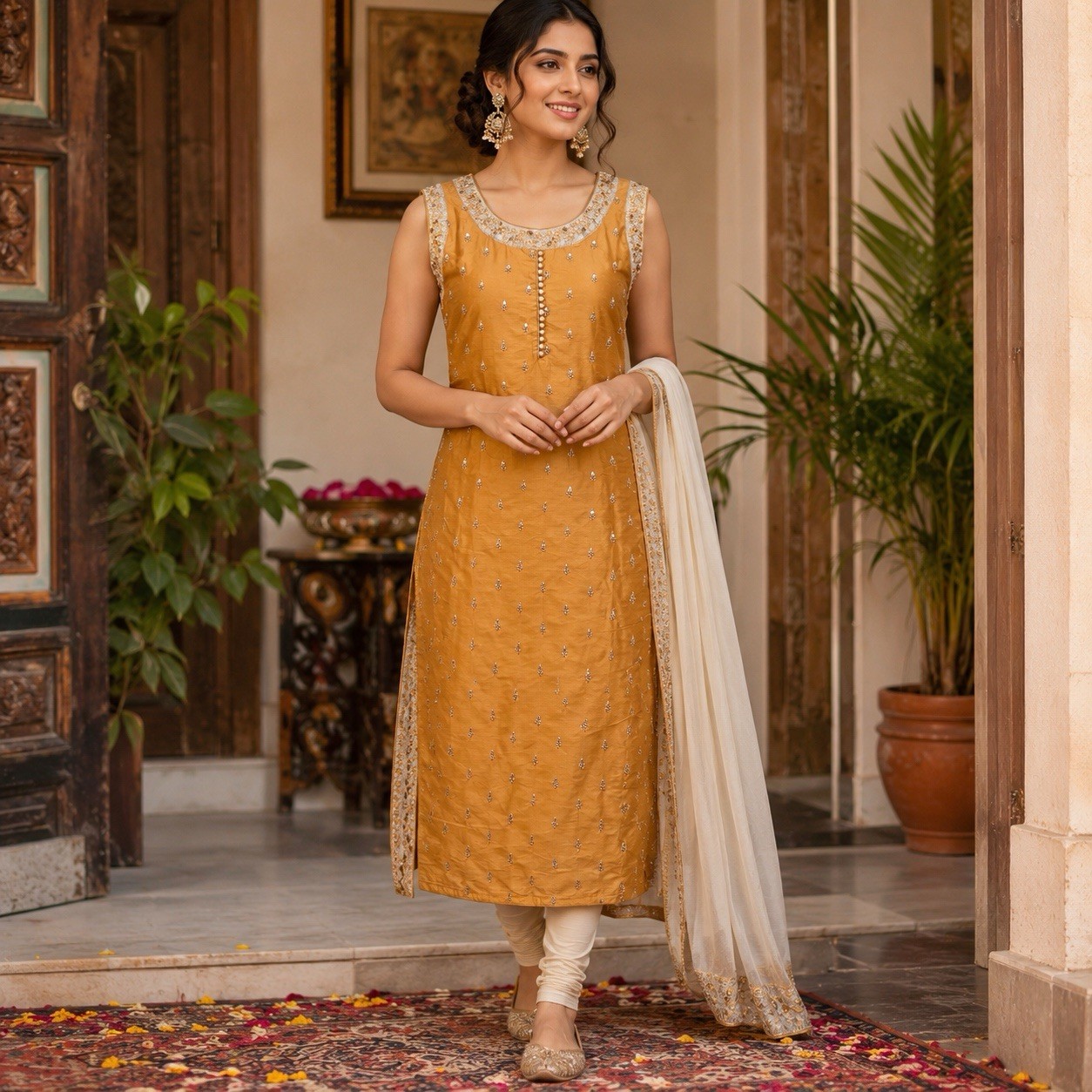 South Asian Salwar Kameez Tunic Womens XXL Mustard Gold Excellent Kurti Floral
