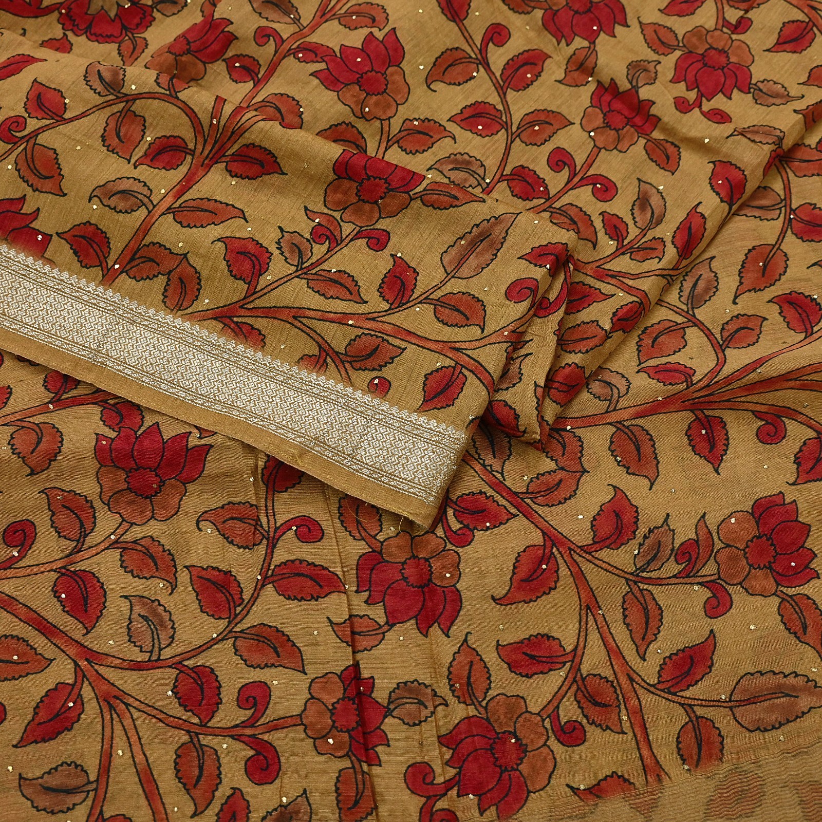 Indian Vintage Sari Pure chanderi Silk Kalamkari Print Saree Craft Fabric 5Yd