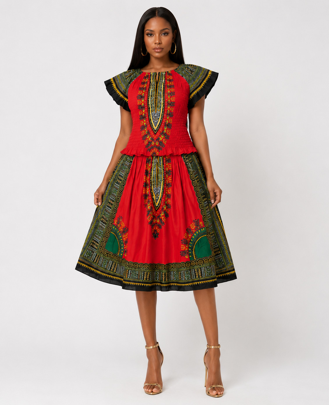 African Dashiki Print Piece Set Women’s Midi Skirt & Top Boho Ankara Outfit