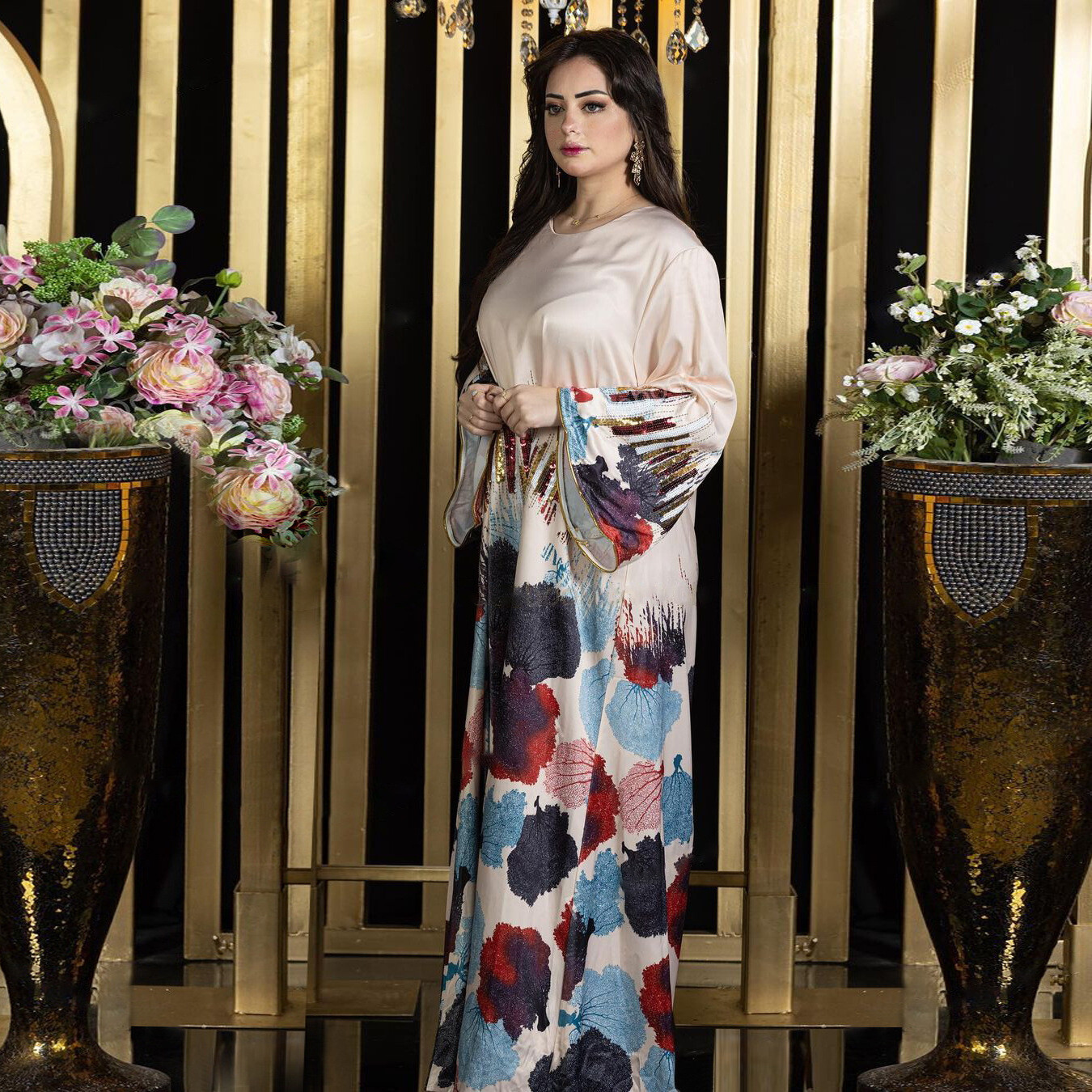 Eid Muslim Abaya Dubai Print Sequin Dresses Arab Turkey Kaftan Morocco Robe Maxi