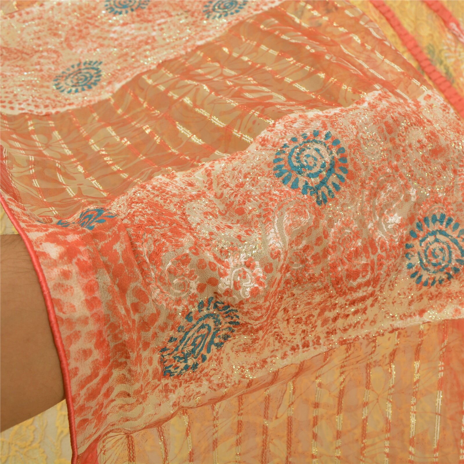 Sanskriti Vintage Cream Sarees Net Mesh Embroidered Woven Premium Sari Fabric