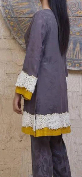 Nickie Nina Purple Self Printed Silk Suit with Yellow Contrasting Silk and
