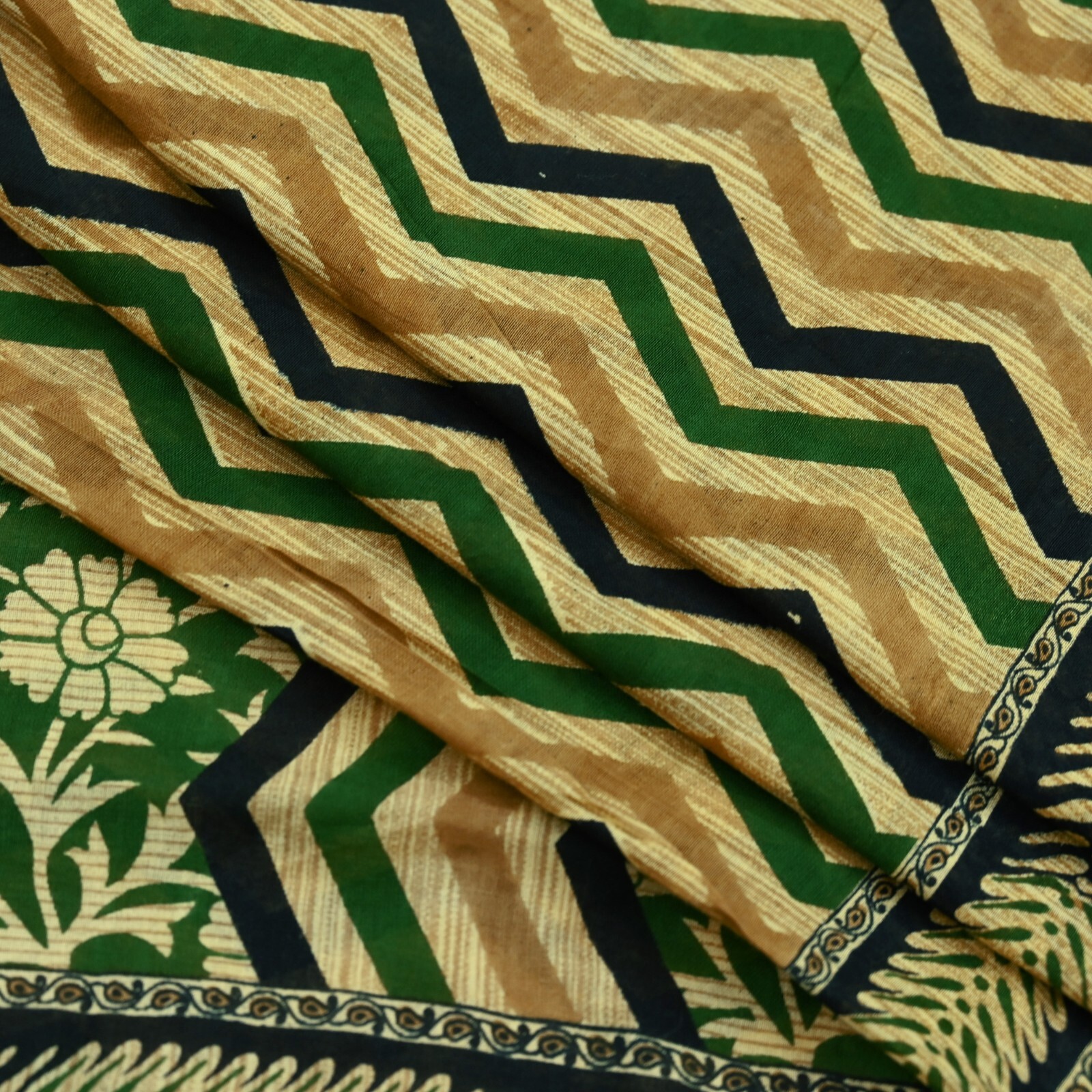 Vintage Sari Beige & Green Pure Cotton Printed Sarees Craft Fabric Soft 5Yd Soft