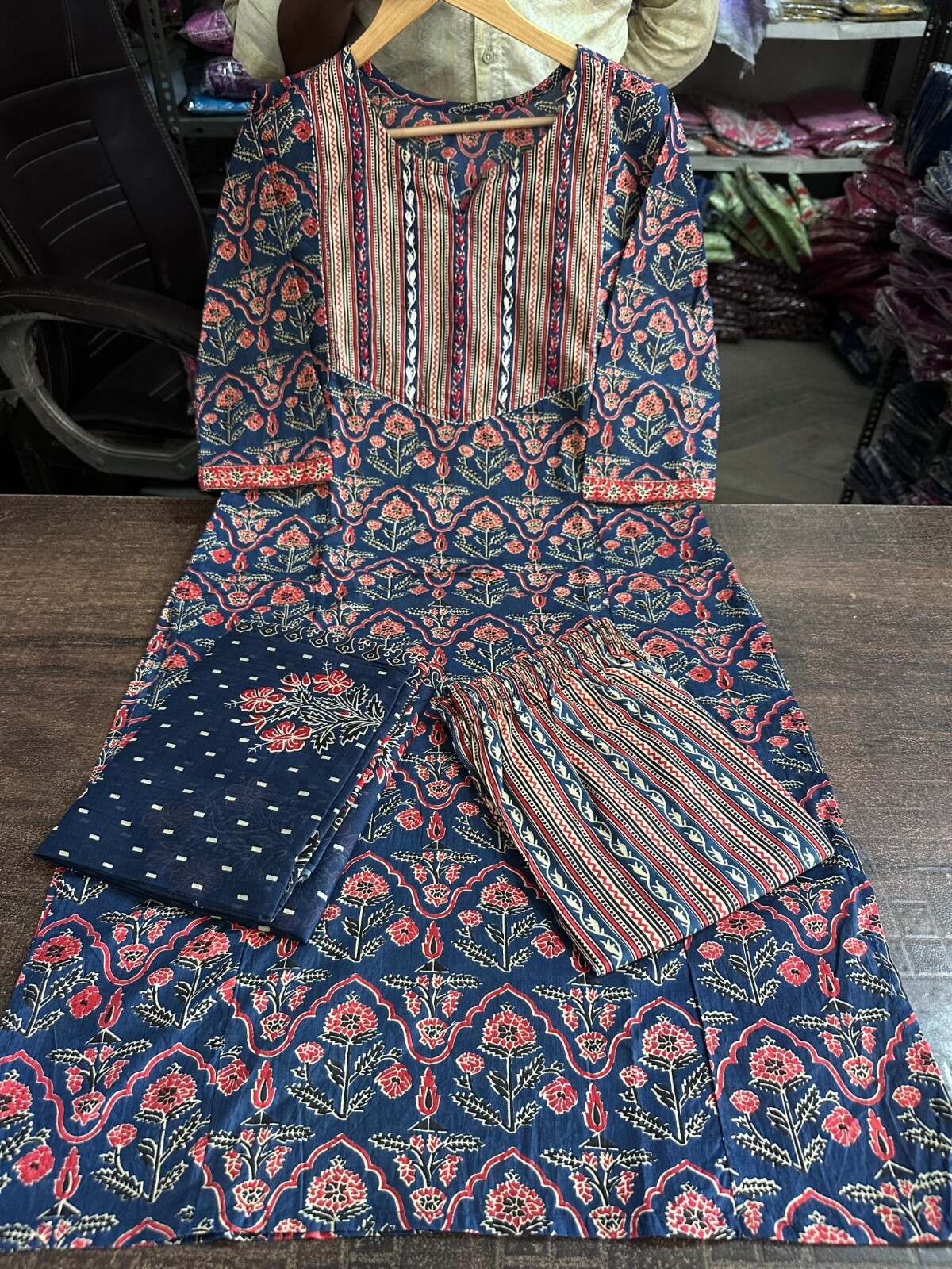 Indian Hand Block Printed Kurta Palazzo Dupatta Set Women Wear Salwar Kameez Set