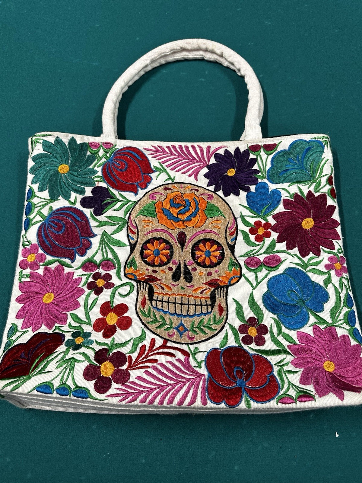 Handmade Mexican Sugar Skull Embroidered Tote Bag – Women’s Purses & Handbags