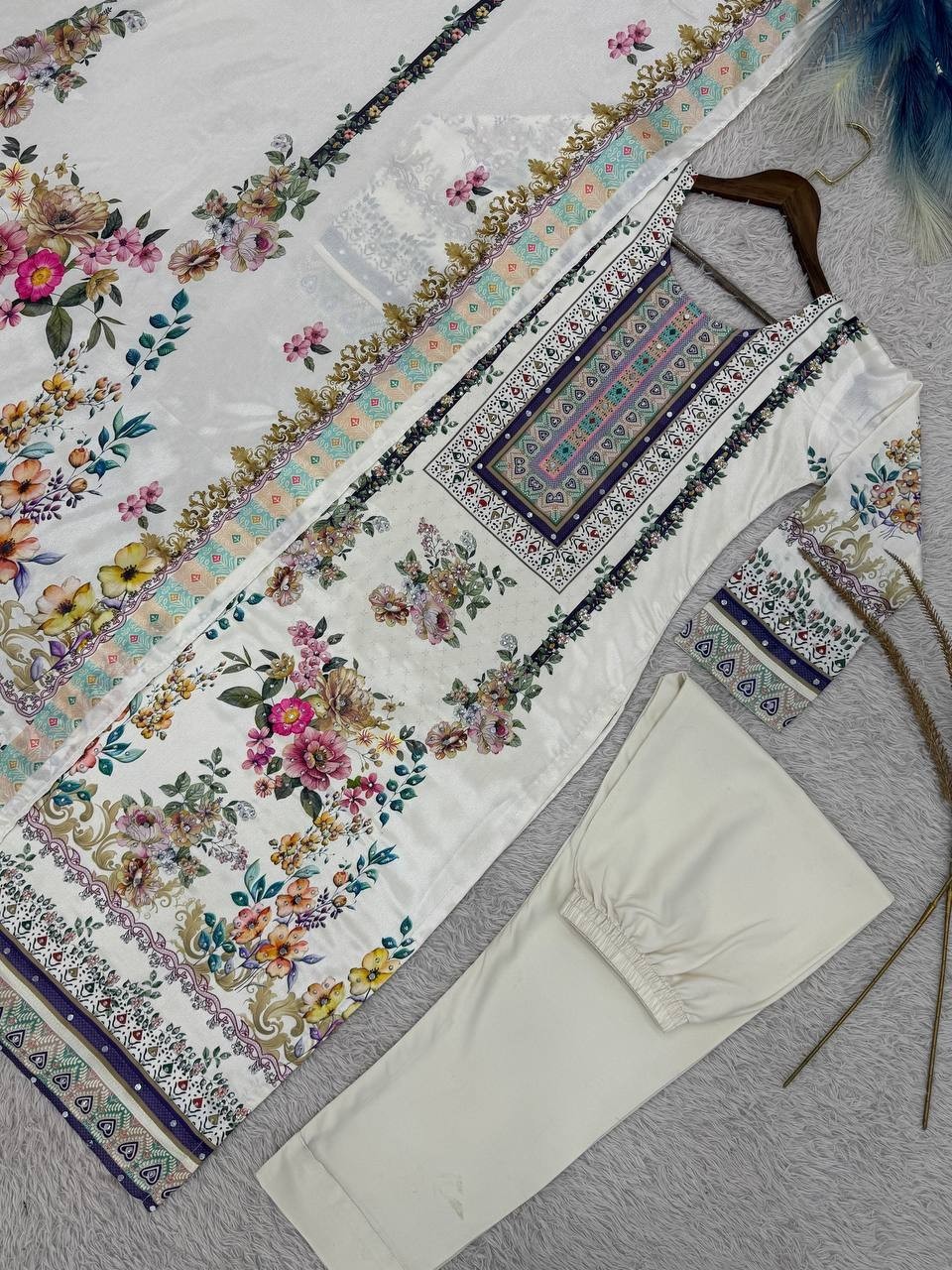 Stylish Off-White Heavy Chinon Silk Top Palazzo With Dupatta For Wedding Wear