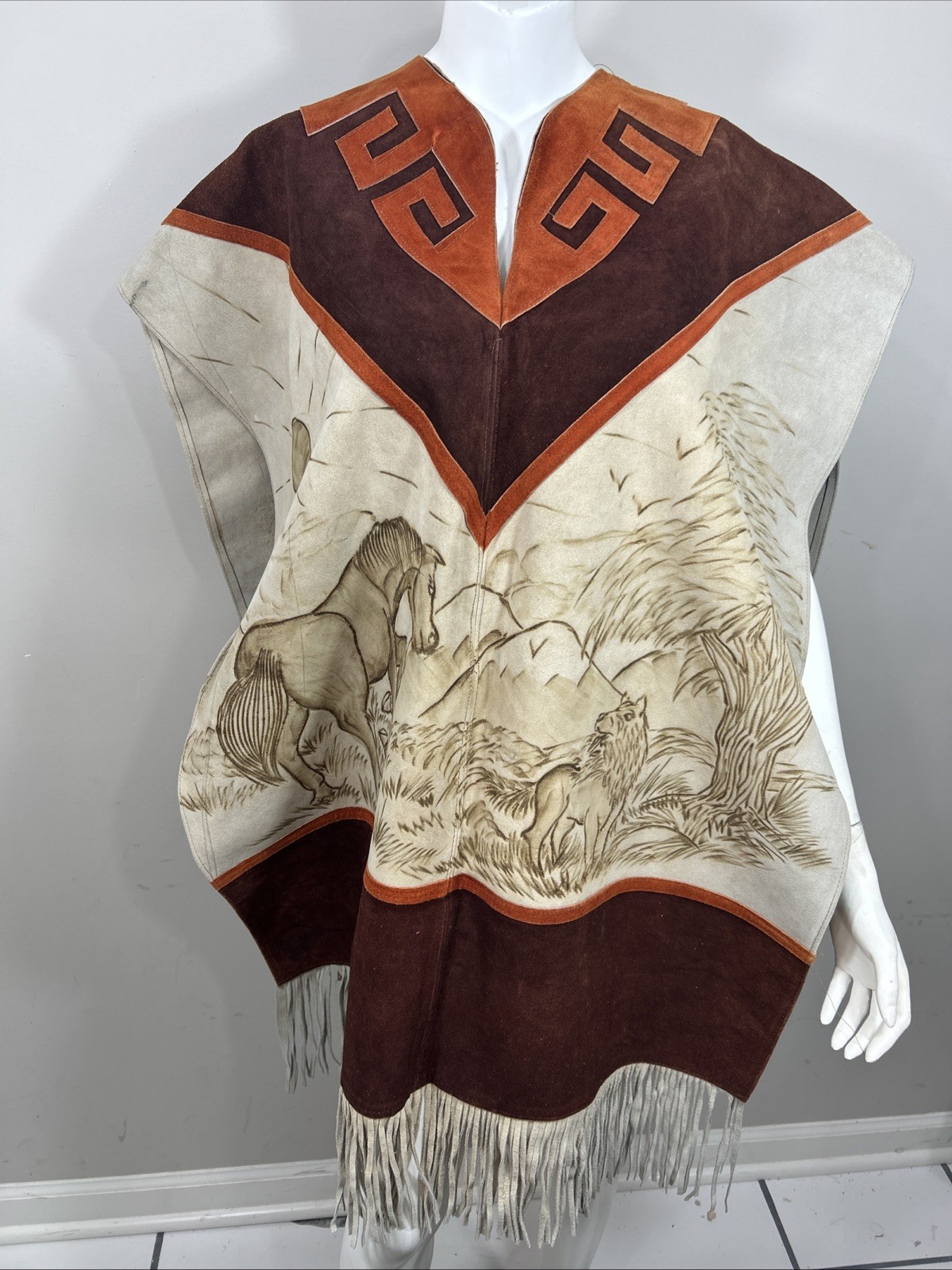 Authentic Leather Wool Handmade Fringe Satin Poncho Wildlife Animal Mexico Made