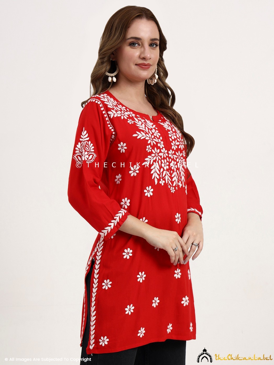 Red Modal Chikankari Short Kurta, Hand-Embroidered Short Kurti Top For Women
