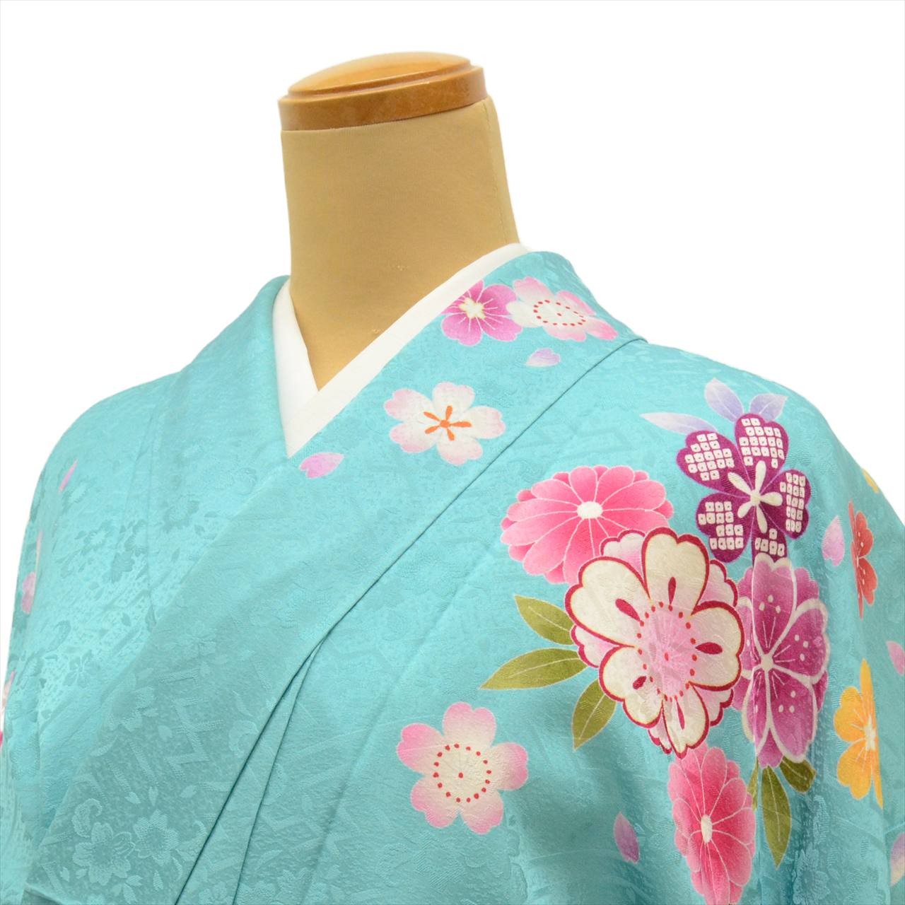 Vintage Japanese Kimono Furisode Silk Light Blue Gold Embroidery uu0243b*