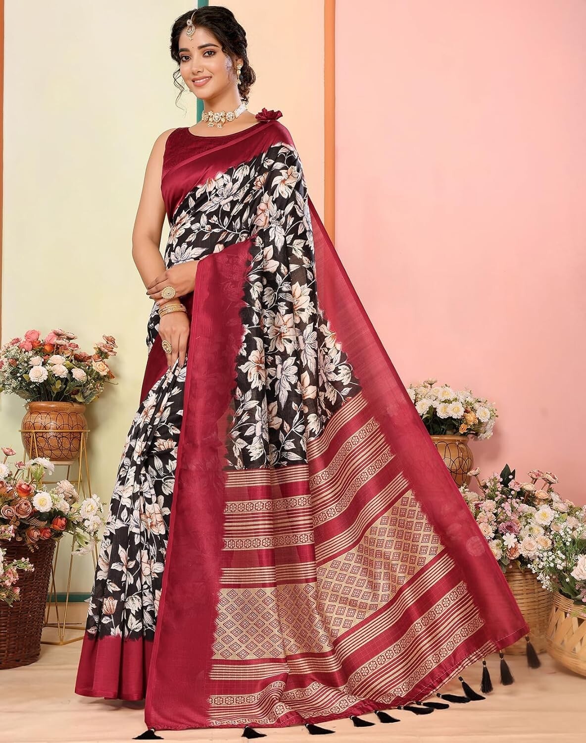 Women’s Art Silk Saree Printed Saree with Tassels Unstitched Blouse Material