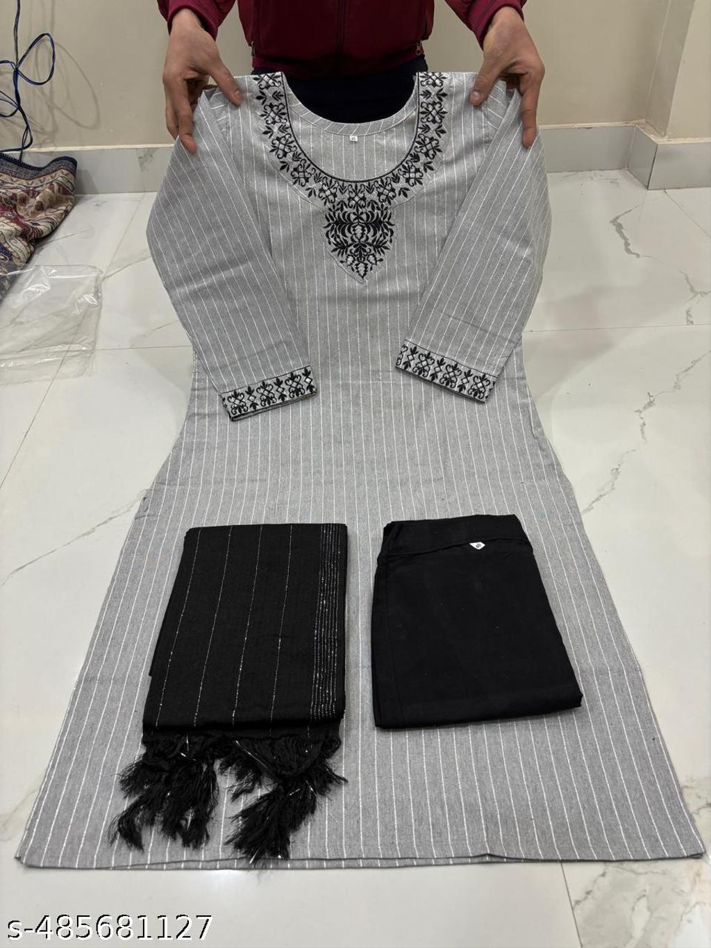Bollywood Indian Grey Black Printed Khadi Cotton Kurta Pant Dupatta Set A2