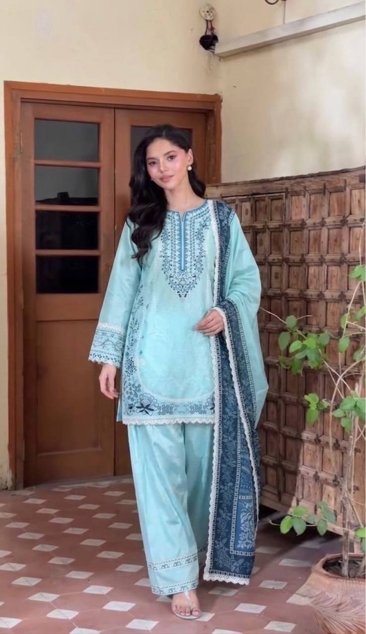 New Designer Satin Rayon Sky Blue Salwar Kameez With Dupatta For Festival