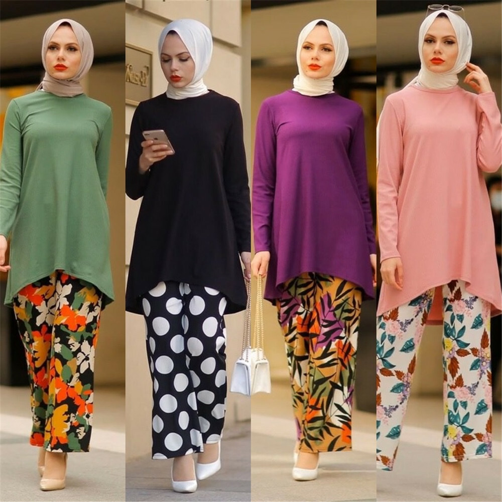 Muslim Women Abaya Set Two Piece Long Blouse Pants Kaftan Jilbab Islamic Clothes