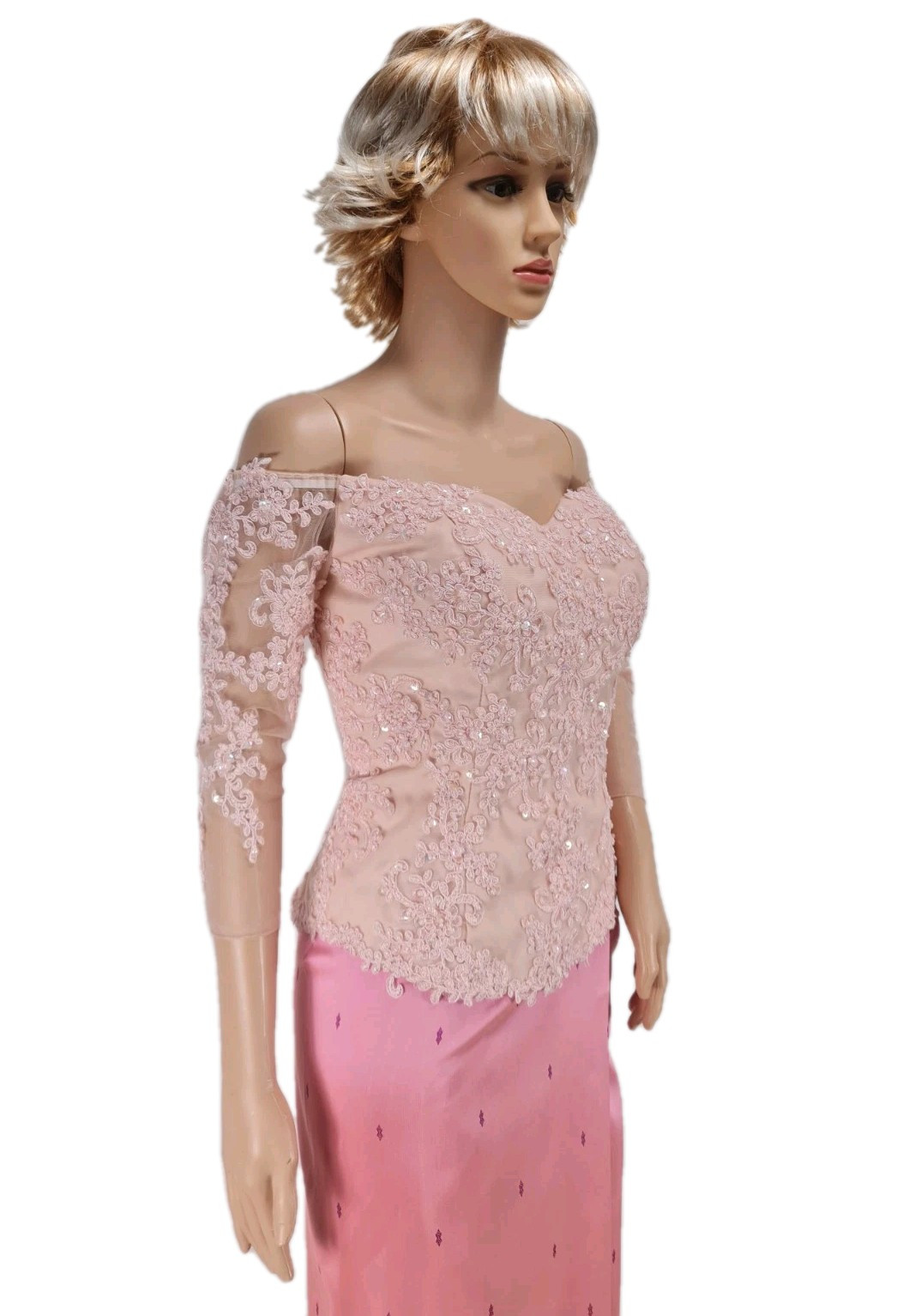 Cambodia Khmer Women Size L Pink Floral Lace Top Boat Neck Khmer Skirt