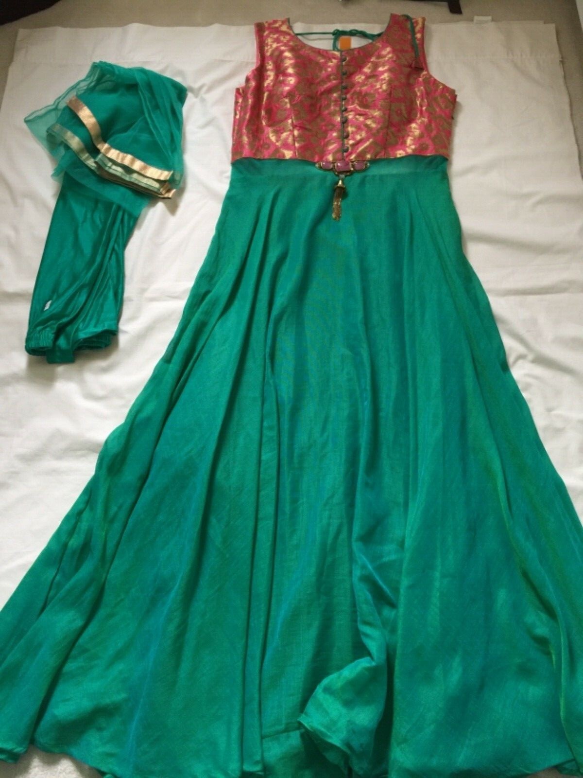 NWT Designer Green Brocade Linen Silk Gown PROM Party with Scarf 2pc FREE