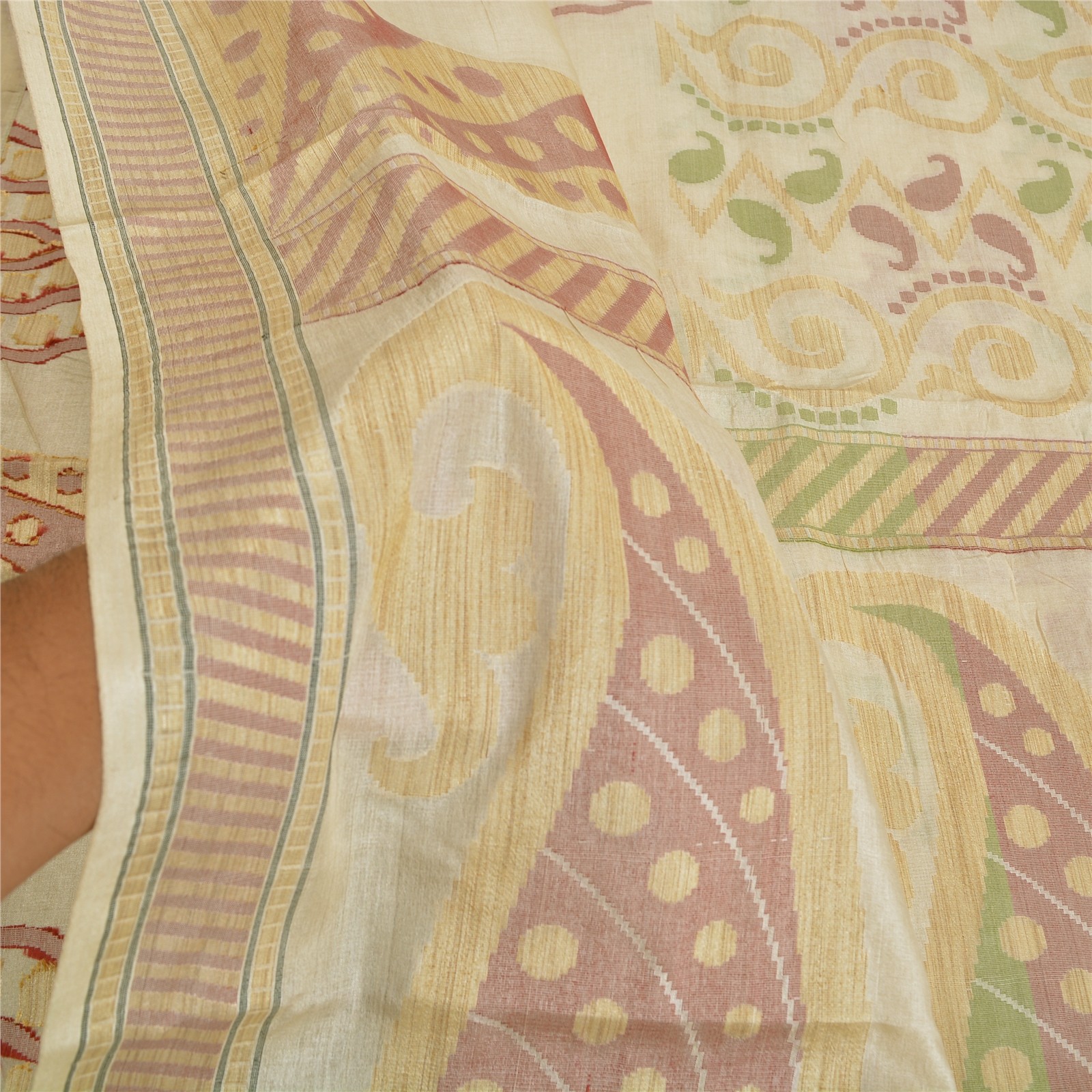 Sanskriti Vintage Ivory Indian Sarees Blend Silk Woven Sari Craft 5 Yard Fabric