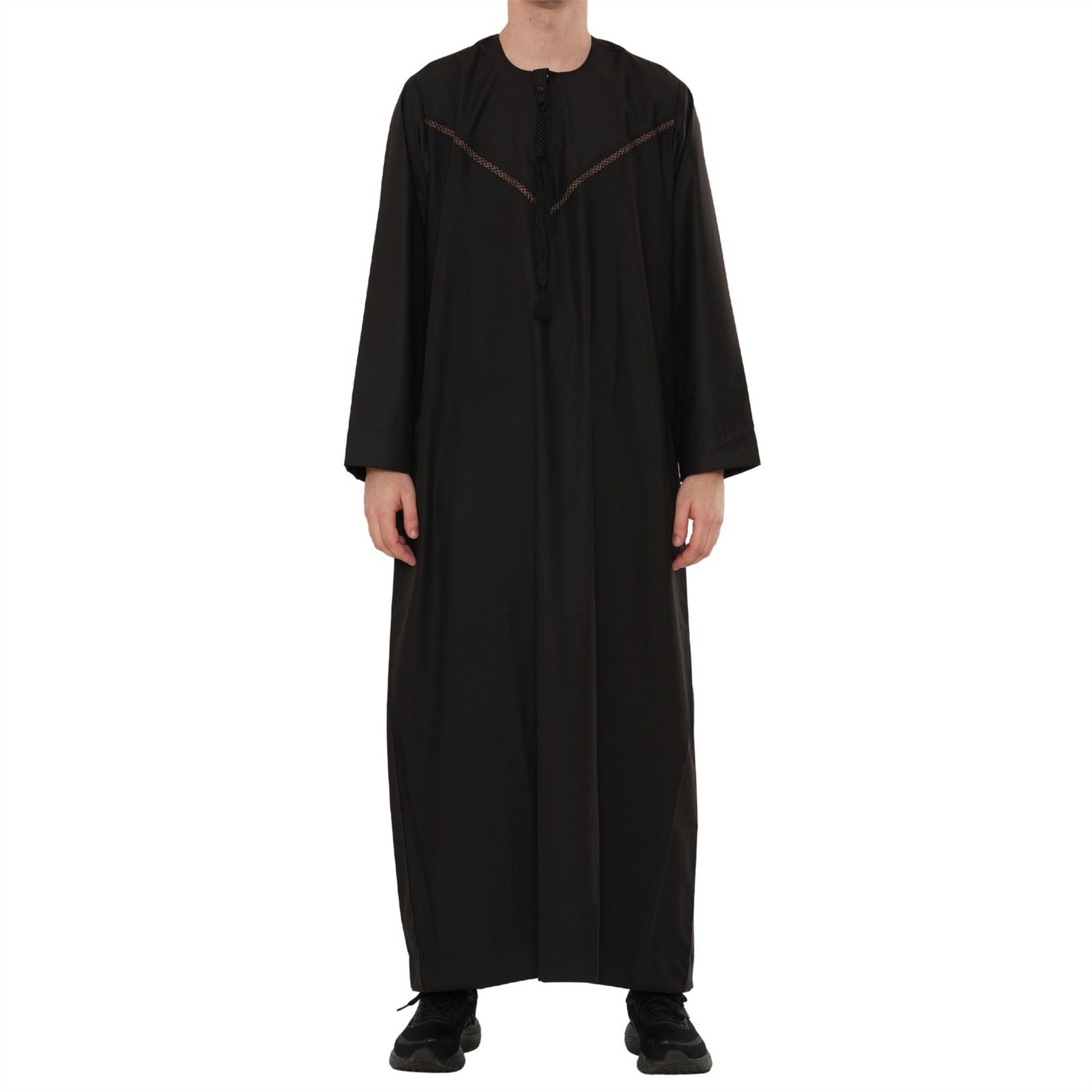 Men’s Black Thobe Emirati Omani Jubba Islamic Clothing Embroidery Muslim Tassel