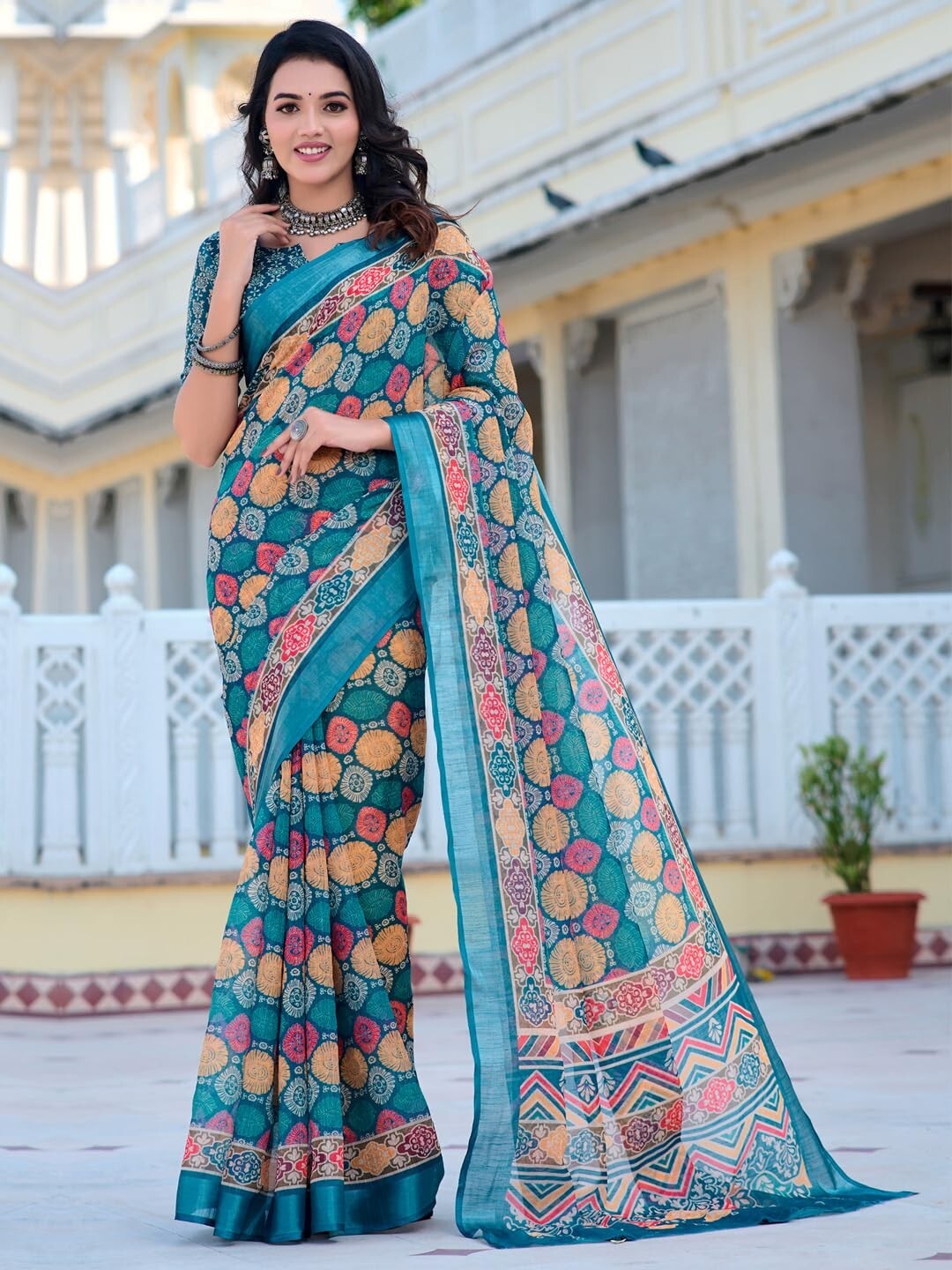 Women’s Cotton Linen Ethnic Motif Printed Saree With Unstitched Blouse Piece