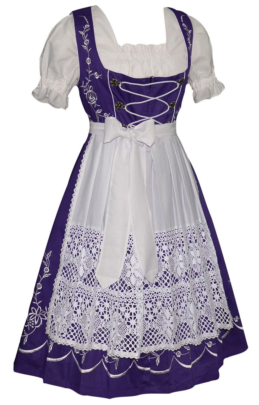 XS S M L XL 2XL EMBROIDERED German Dirndl Dress Long Purple Oktoberfest / 3 Pcs