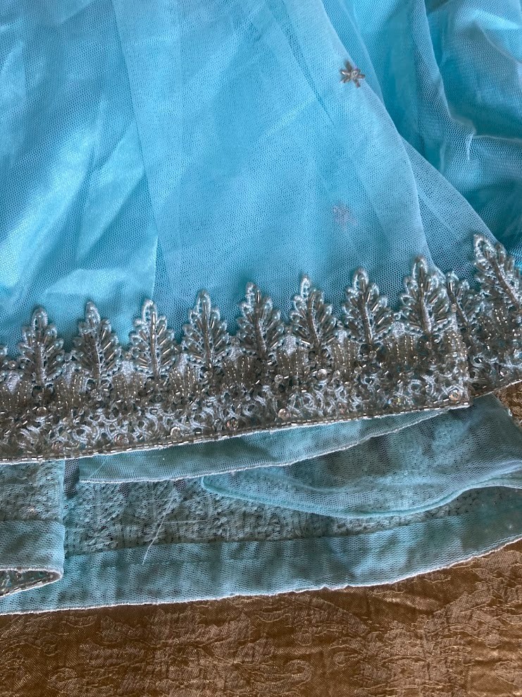 Vintage Indian Sky Blue Tulle Lehenga Skirt Glass Bugle Bead Silver Zardozi 44″