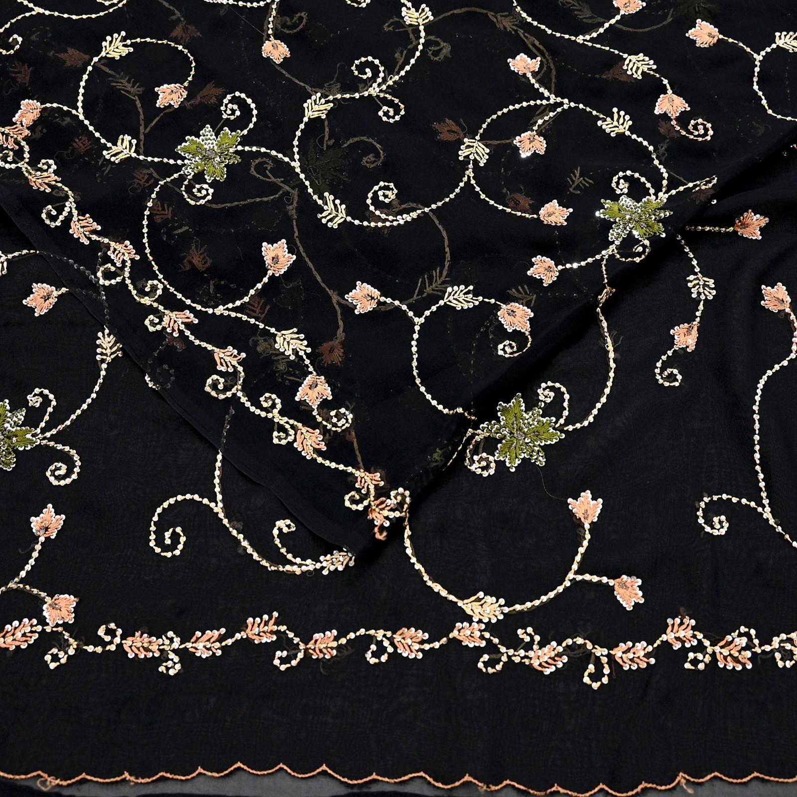 Indian Vintage Heavy Sari Black Pure Georgette Silk Hand Beaded Sarees Ethnic