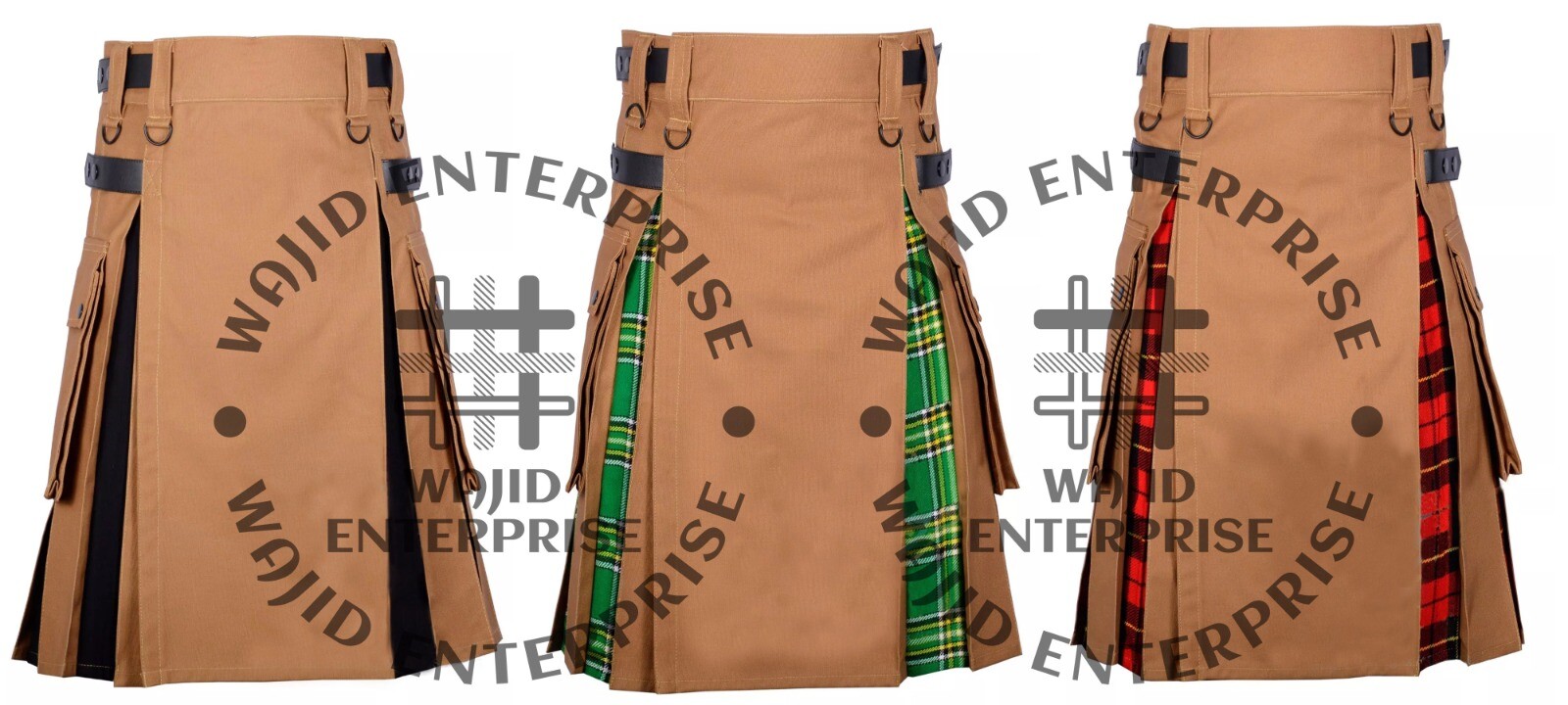 Scottish Men’s Hybrid Utility Kilts Tartan & Camel Canvas Cargo Pockets Kilts