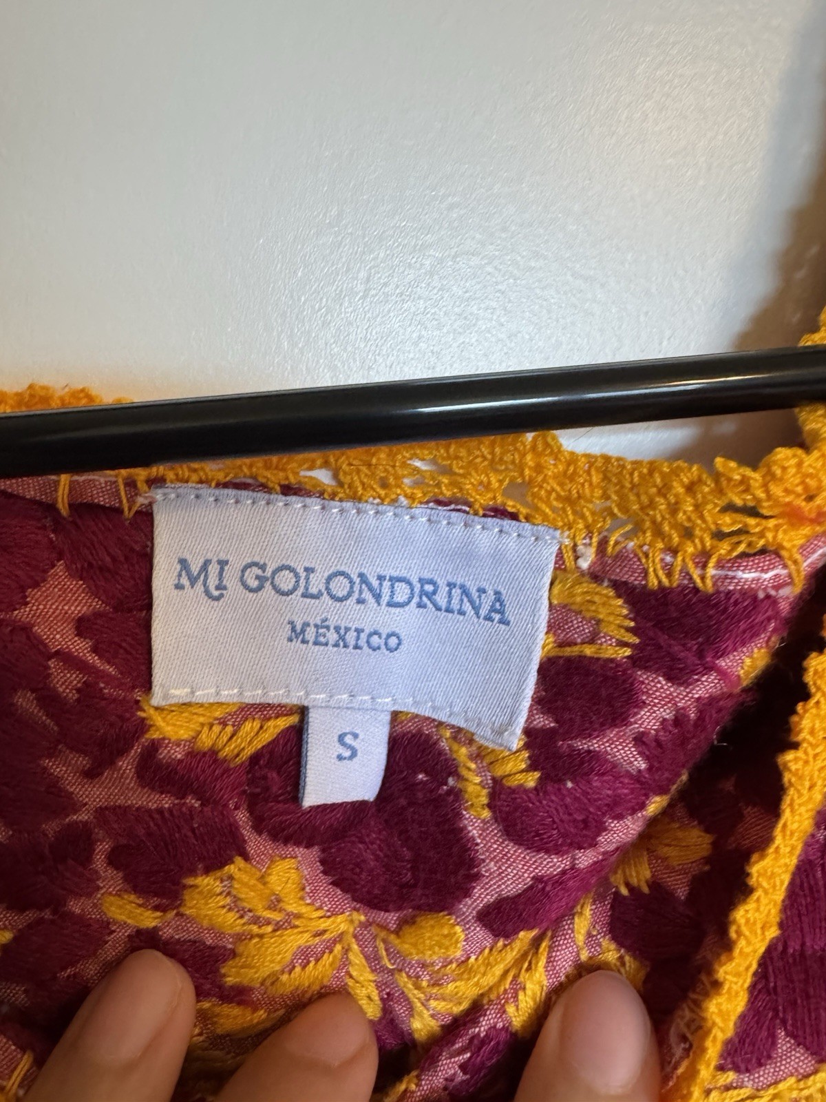 Mi Golondrina Mexico Yellow and burgundy Embroidered Blouse, Size S small