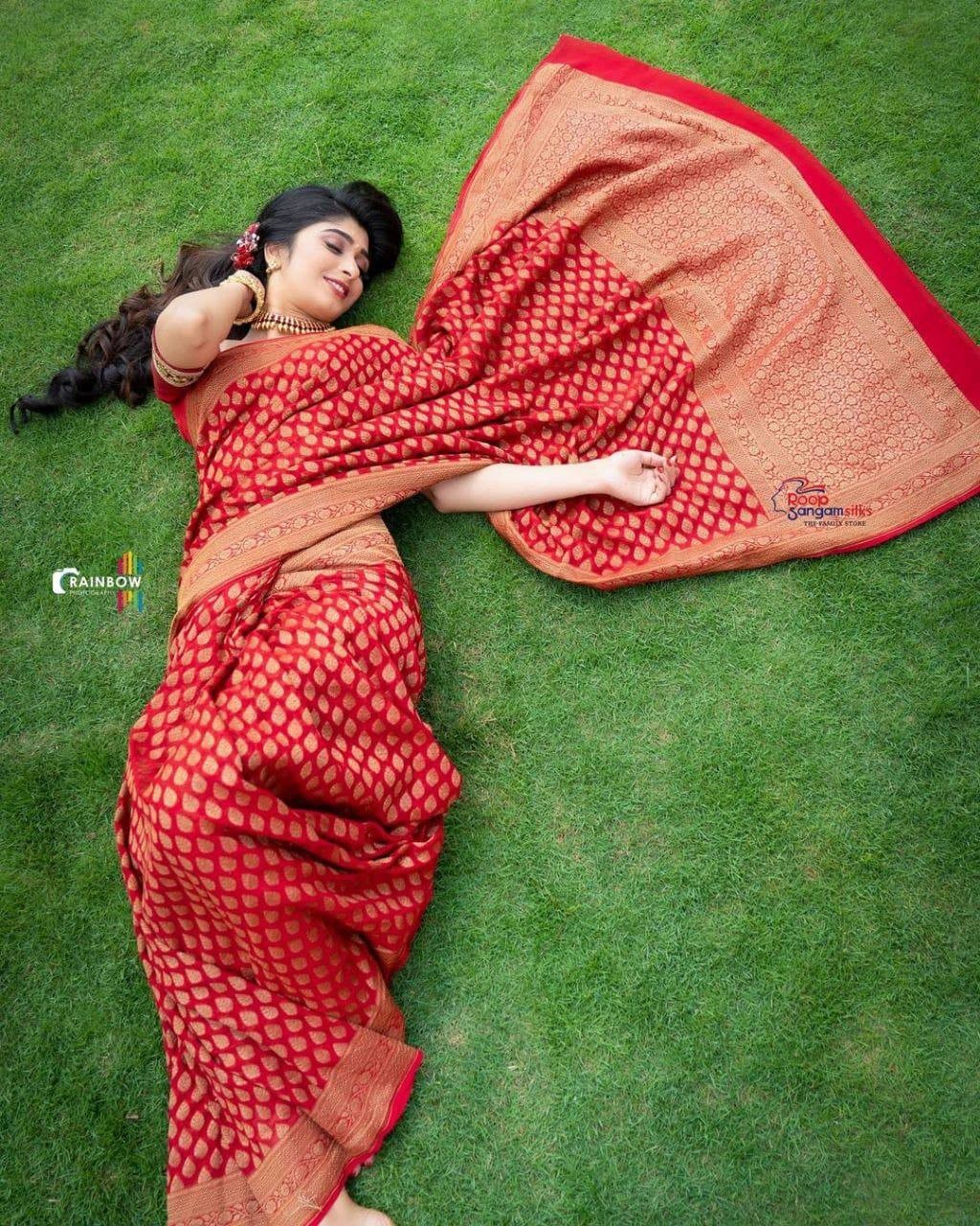Bridal Red Lichi Silk Saree Indian Wedding Saree with Golden Jacquard Pallu