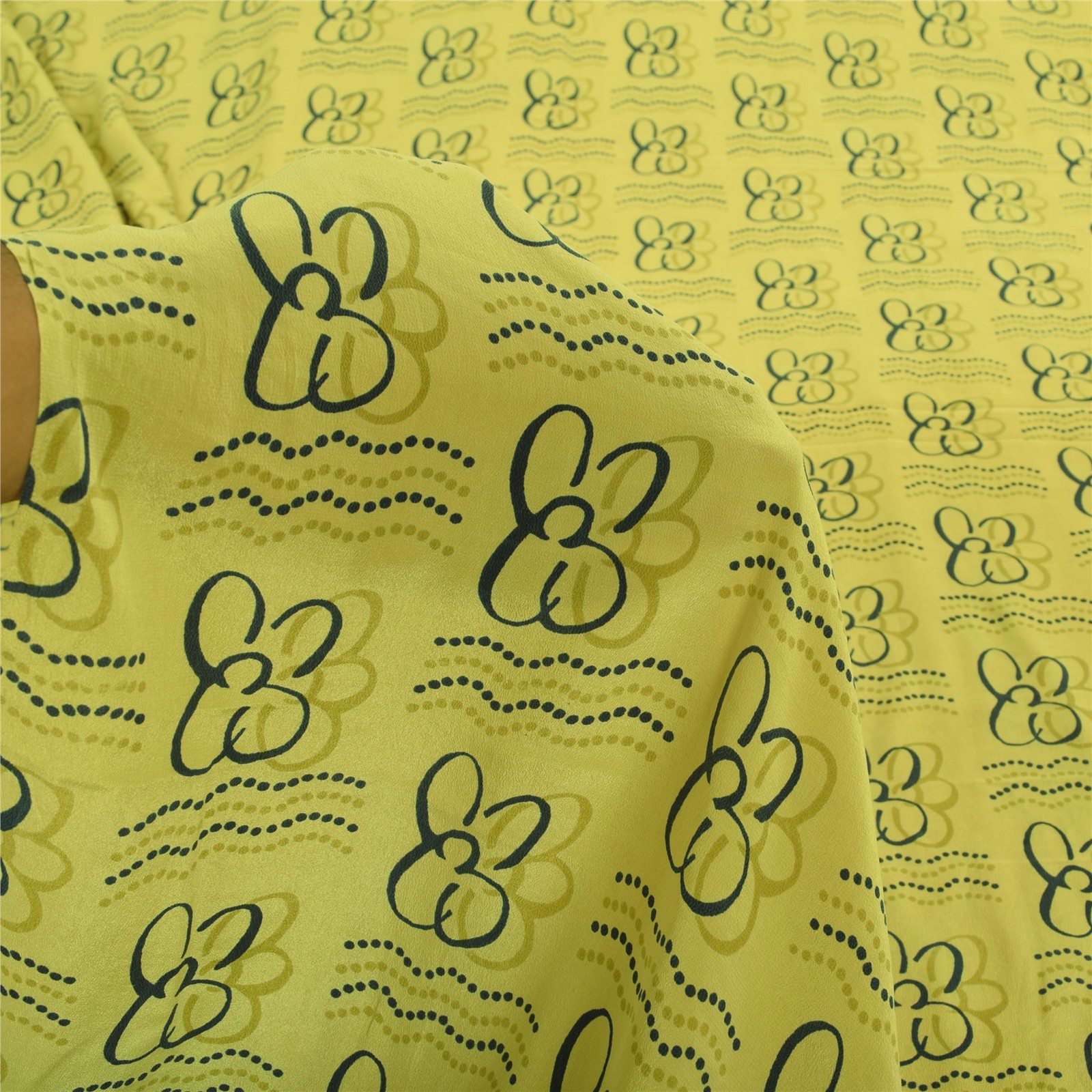 Sanskriti Vintage Saree Lemon Yellow Pure Crepe Silk Printed Sari 5.5+Yd Fabric