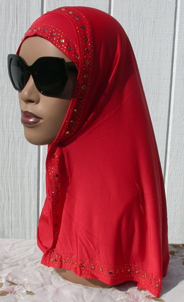 TOMATO RED Slip On One piece Instant Mona Rhinestone Fashion Hijab