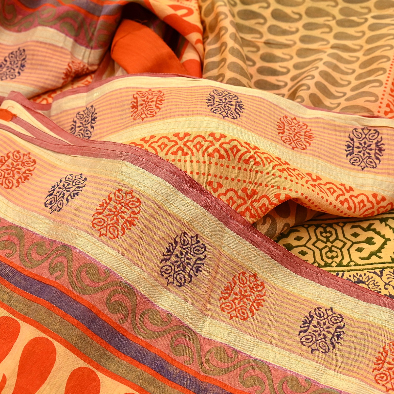 Indian Vintage Yellow Block Printed Pure Chanderi Silk Saree Floral Zari Fabric
